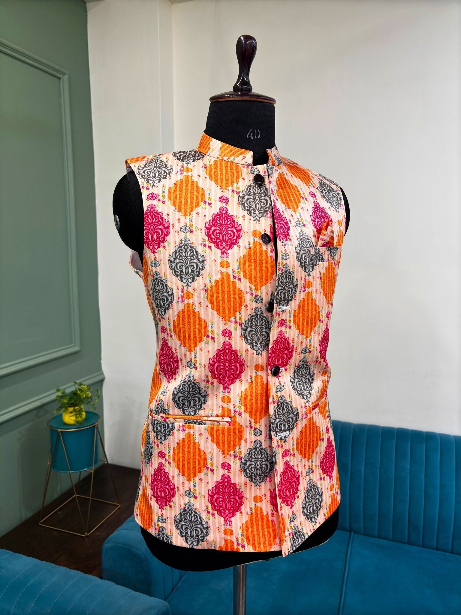 Men Cream Printed Nehru Jacket - Jaipuri Crown