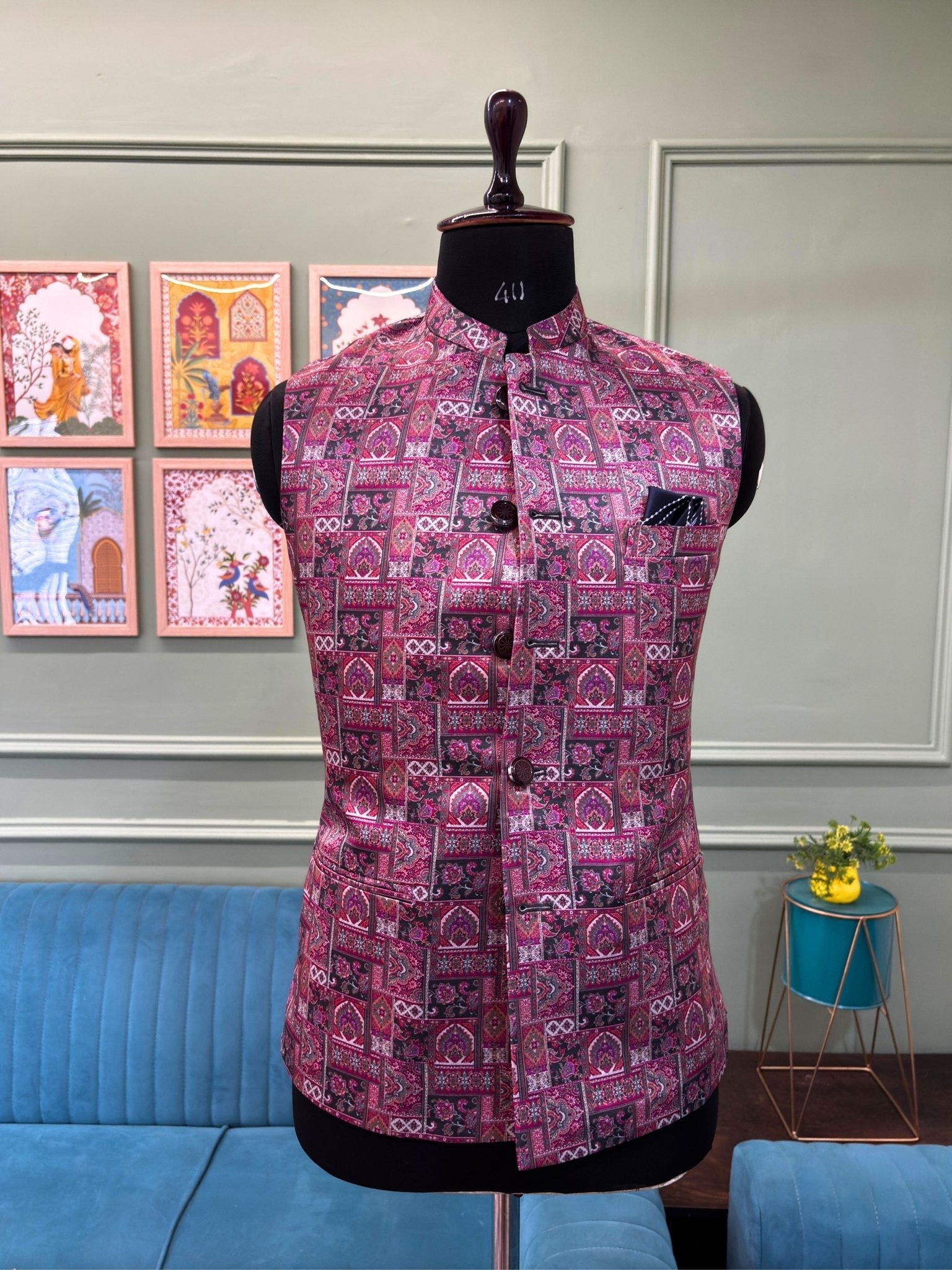 Men Dark Purple Printed Nehru Jacket - Jaipuri Crown