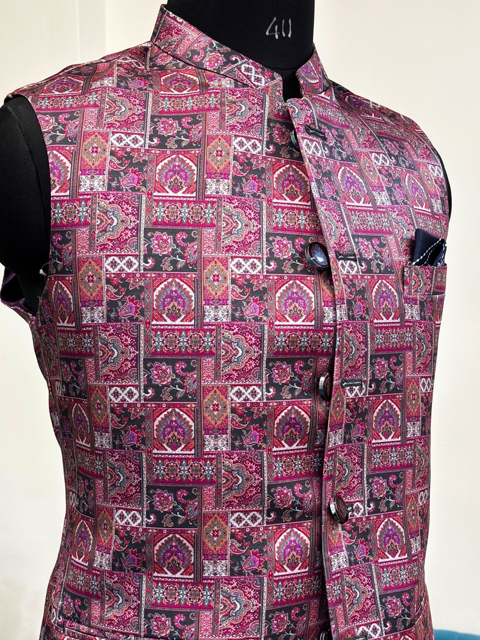 Men Dark Purple Printed Nehru Jacket - Jaipuri Crown