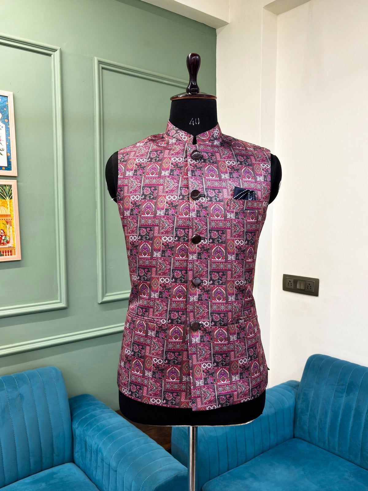 Men Dark Purple Printed Nehru Jacket - Jaipuri Crown