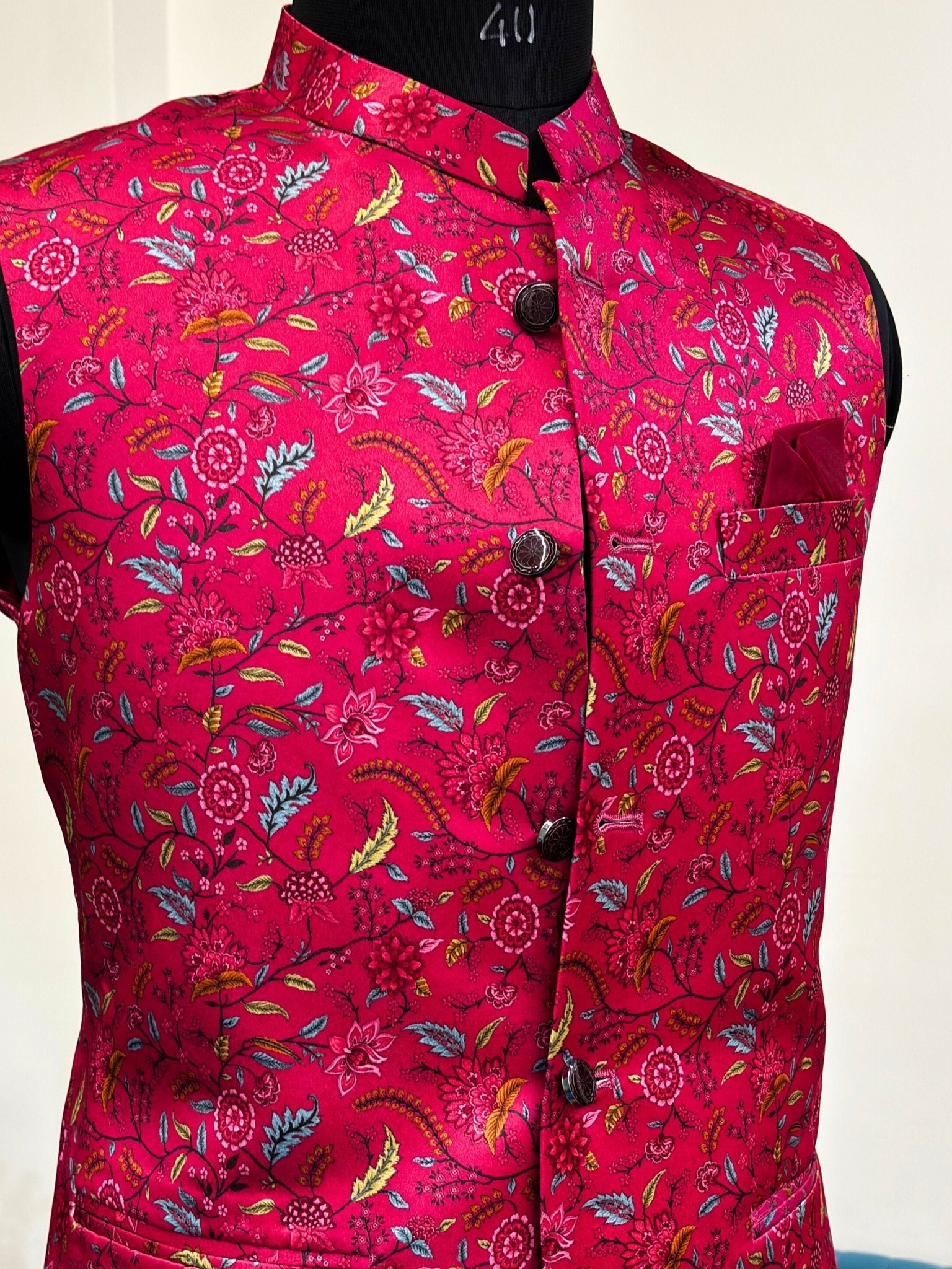 Men Deep Pink Printed Nehru Jacket - Jaipuri Crown