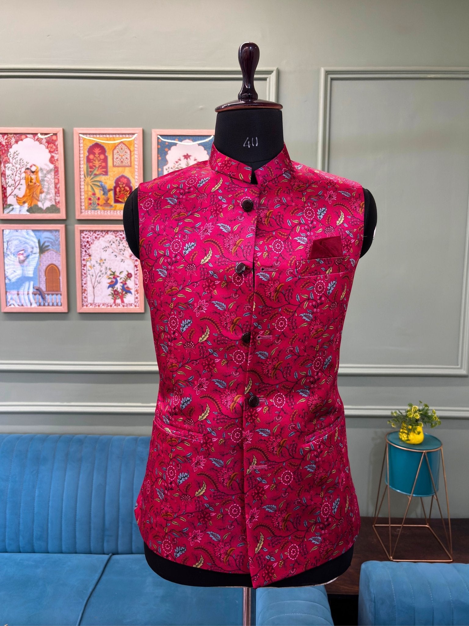 Men Deep Pink Printed Nehru Jacket - Jaipuri Crown