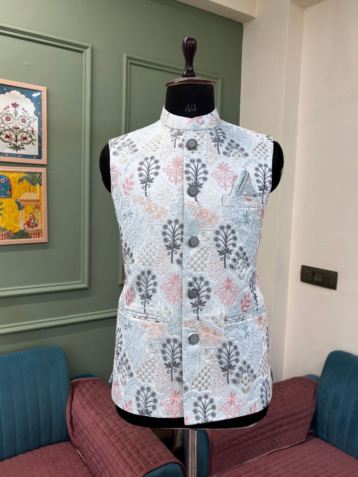 Men Embroidery Nehru Jacket - Blue - Jaipuri Crown