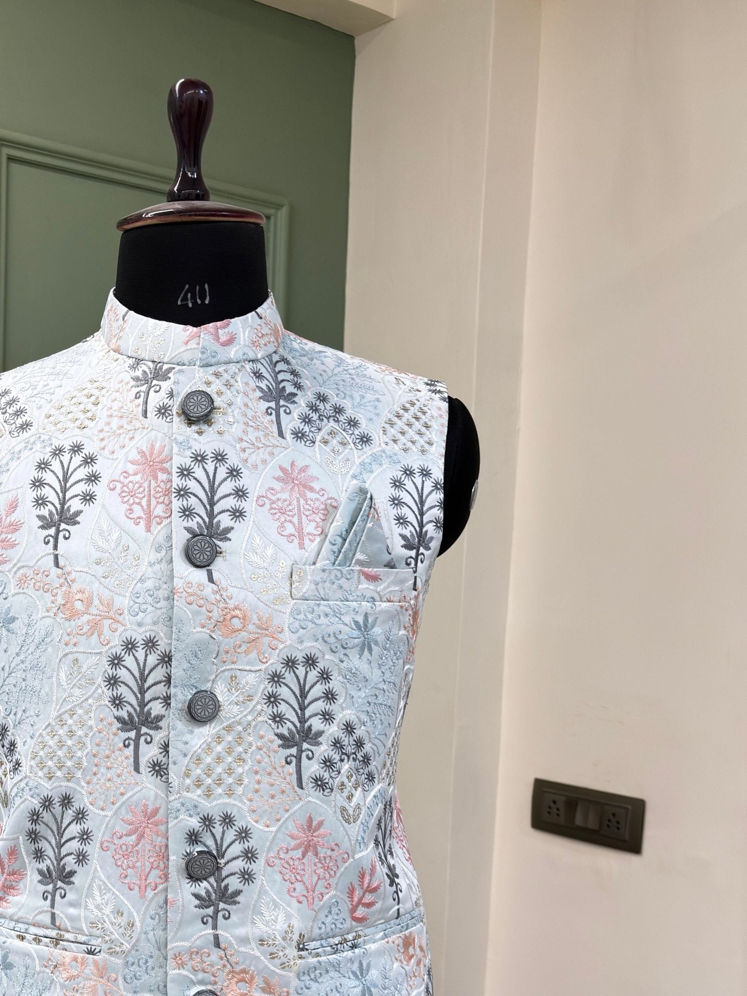 Men Embroidery Nehru Jacket - Blue - Jaipuri Crown