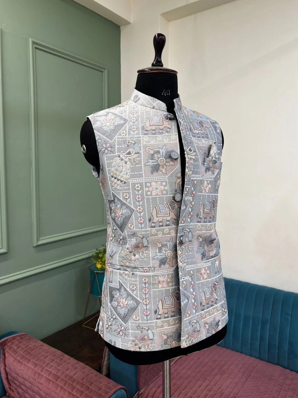 Men Embroidery Nehru Jacket-Grey - Jaipuri Crown