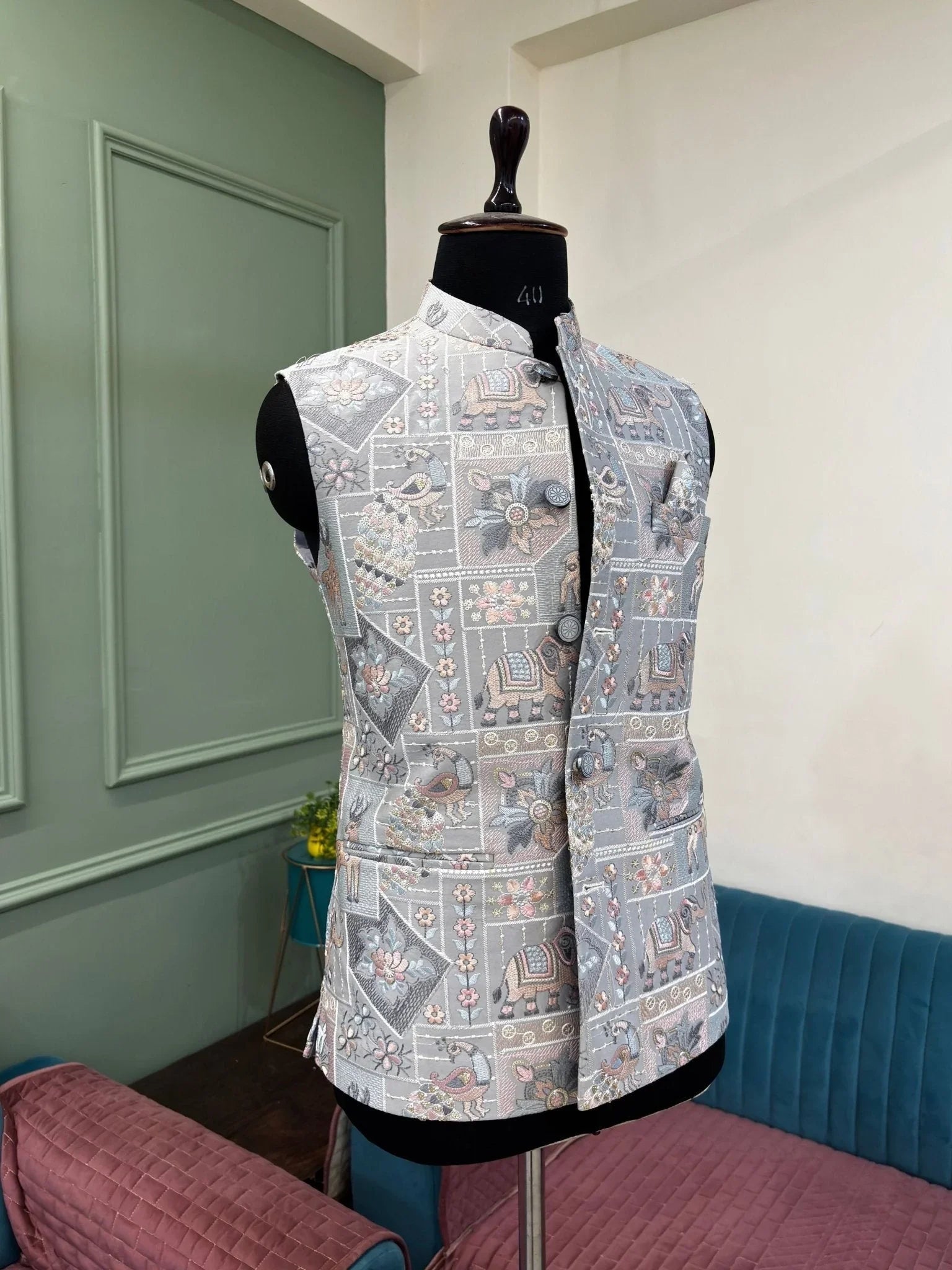 Men Embroidery Nehru Jacket-Grey - Jaipuri Crown