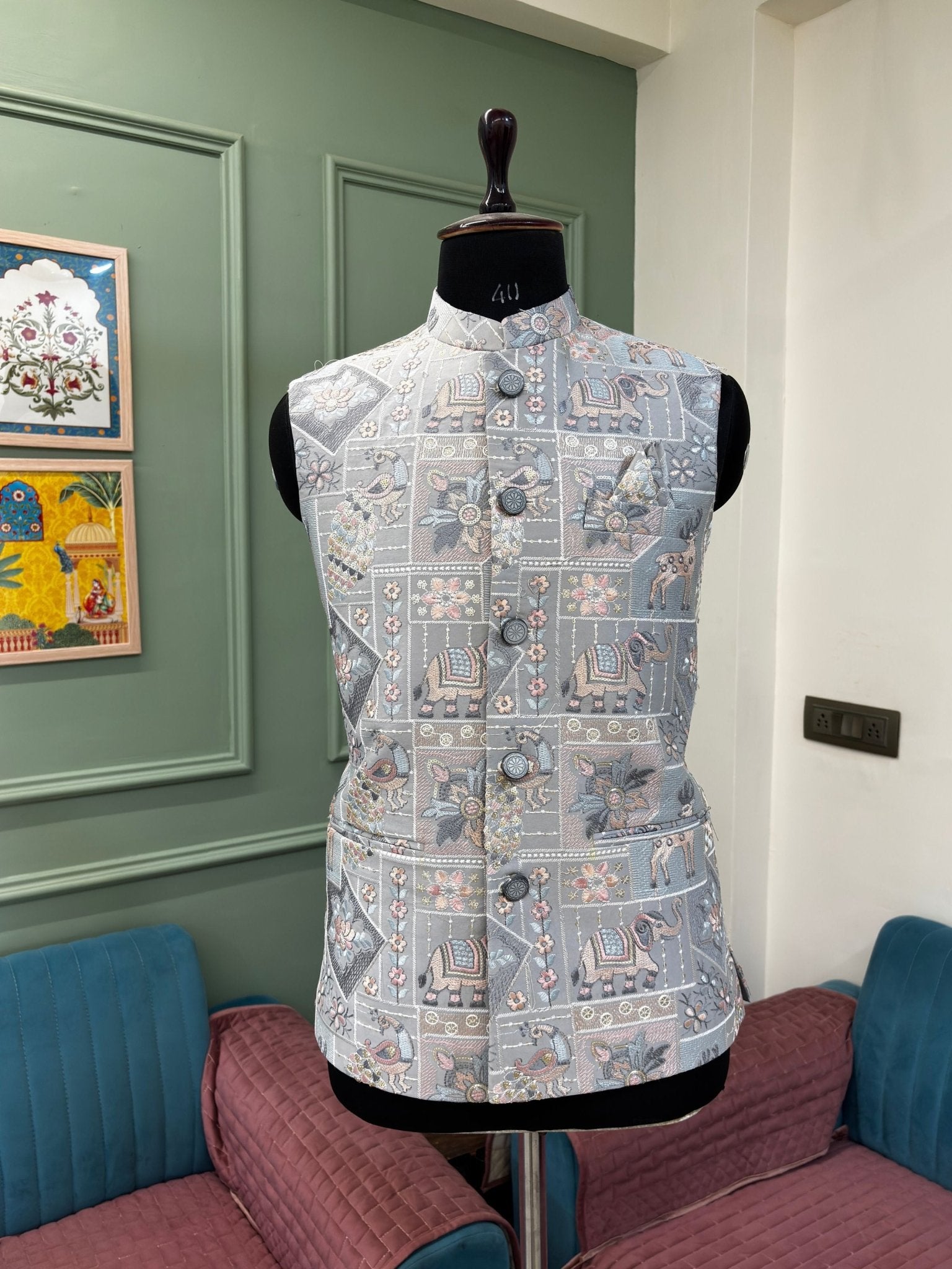 Men Embroidery Nehru Jacket - Grey - Jaipuri Crown