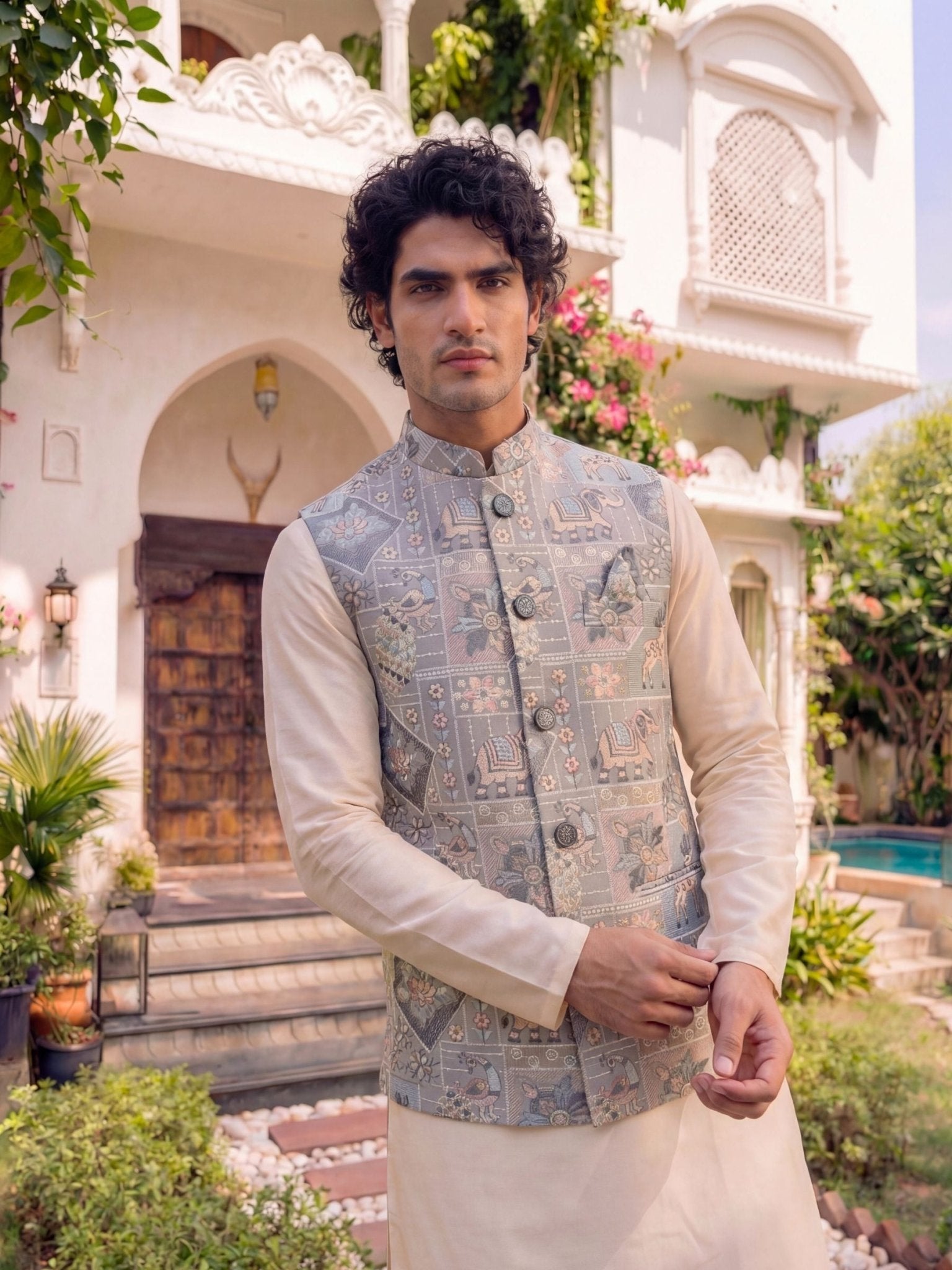 Men Embroidery Nehru Jacket-Grey - Jaipuri Crown