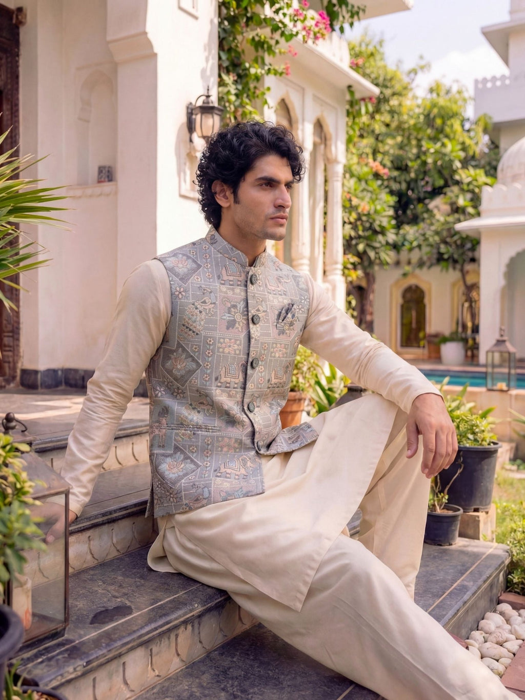 Men Embroidery Nehru Jacket-Grey - Jaipuri Crown