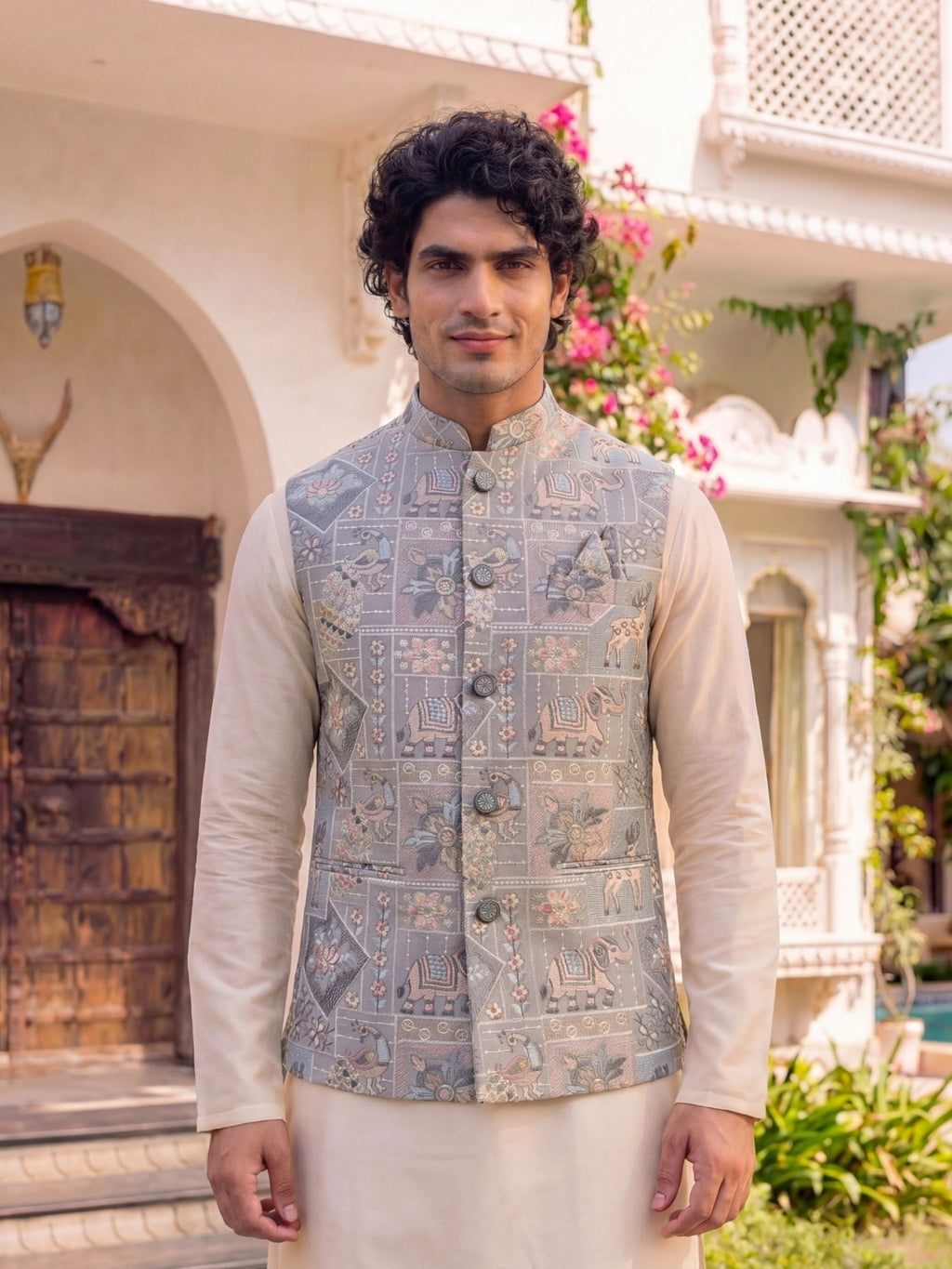 Men Embroidery Nehru Jacket-Grey - Jaipuri Crown