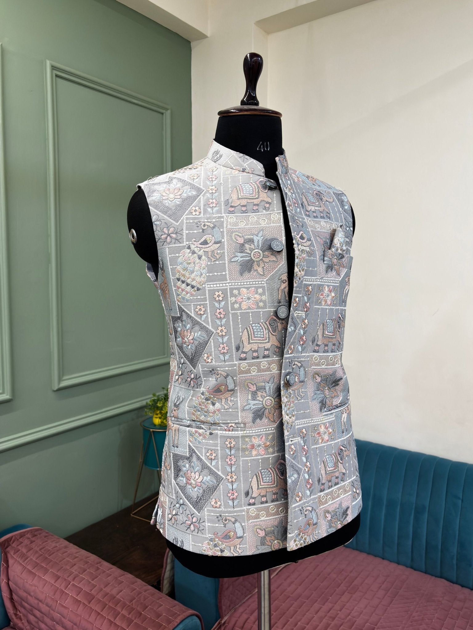 Men Embroidery Nehru Jacket - Grey - Jaipuri Crown