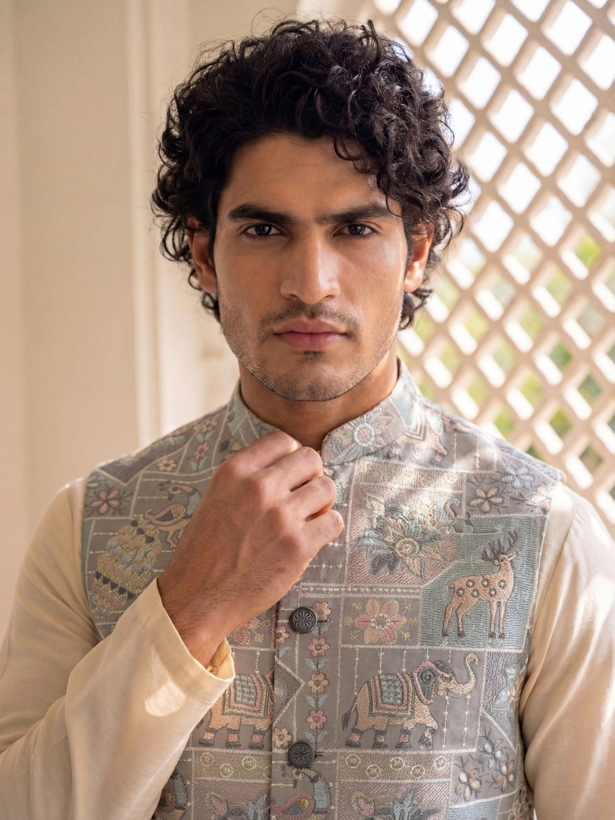 Men Embroidery Nehru Jacket-Grey - Jaipuri Crown