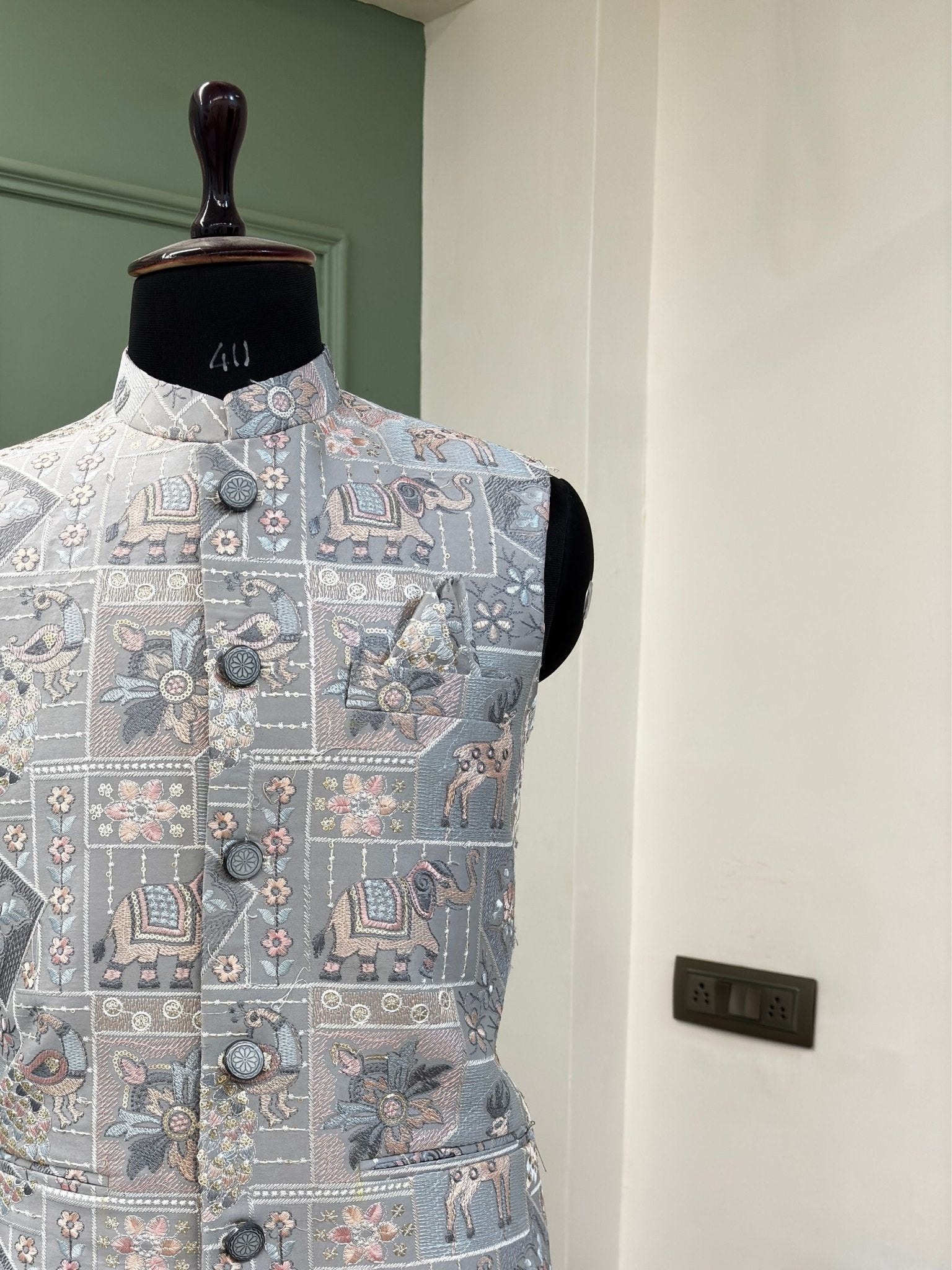 Men Embroidery Nehru Jacket - Grey - Jaipuri Crown