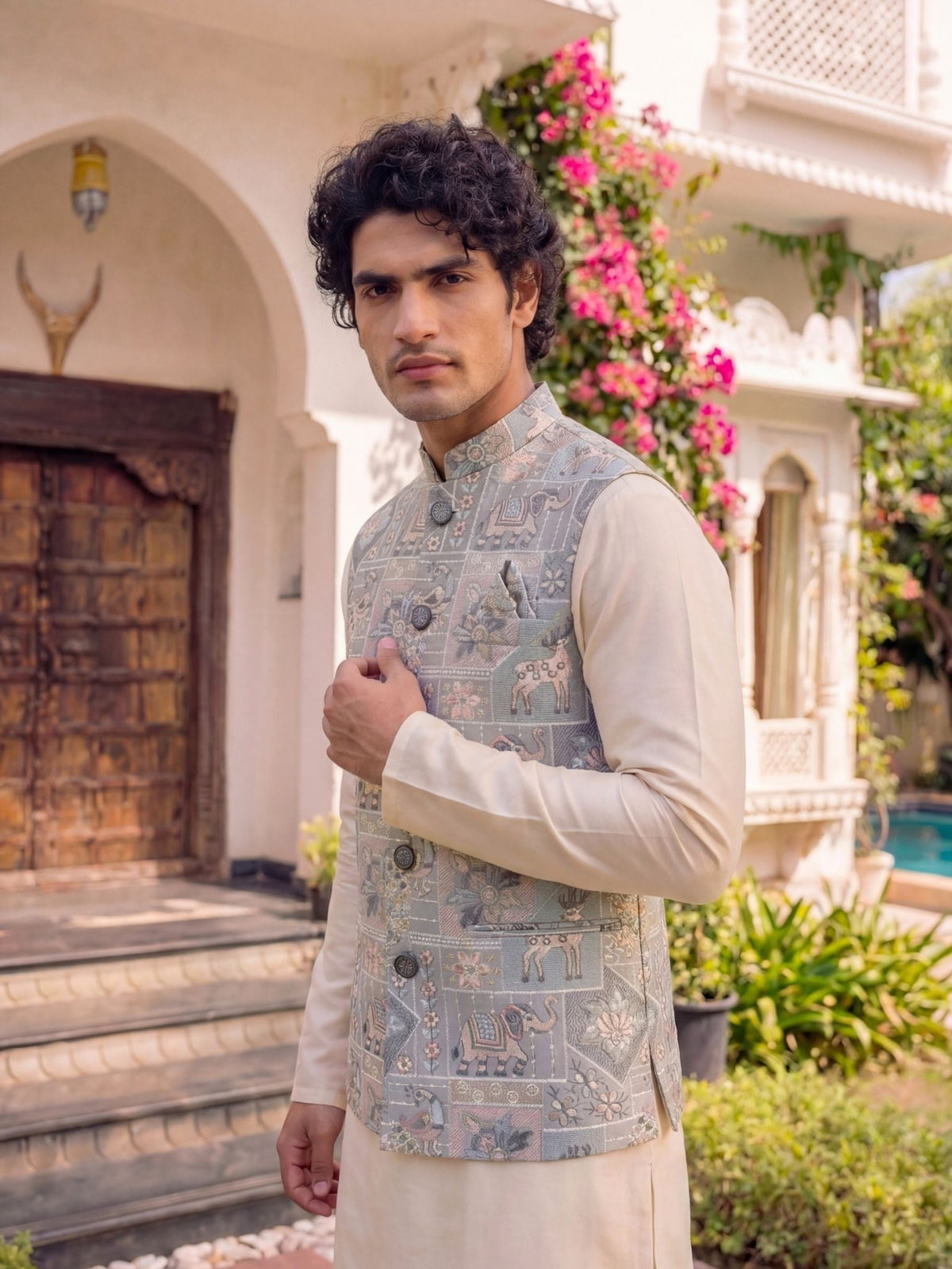 Men Embroidery Nehru Jacket-Grey - Jaipuri Crown