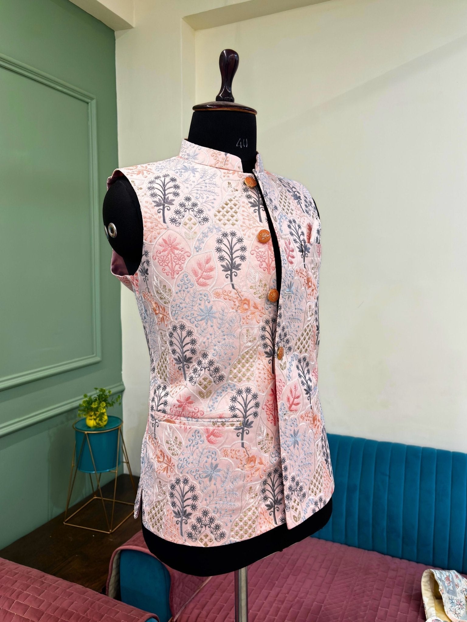 Men Embroidery Nehru Jacket - Peach - Jaipuri Crown