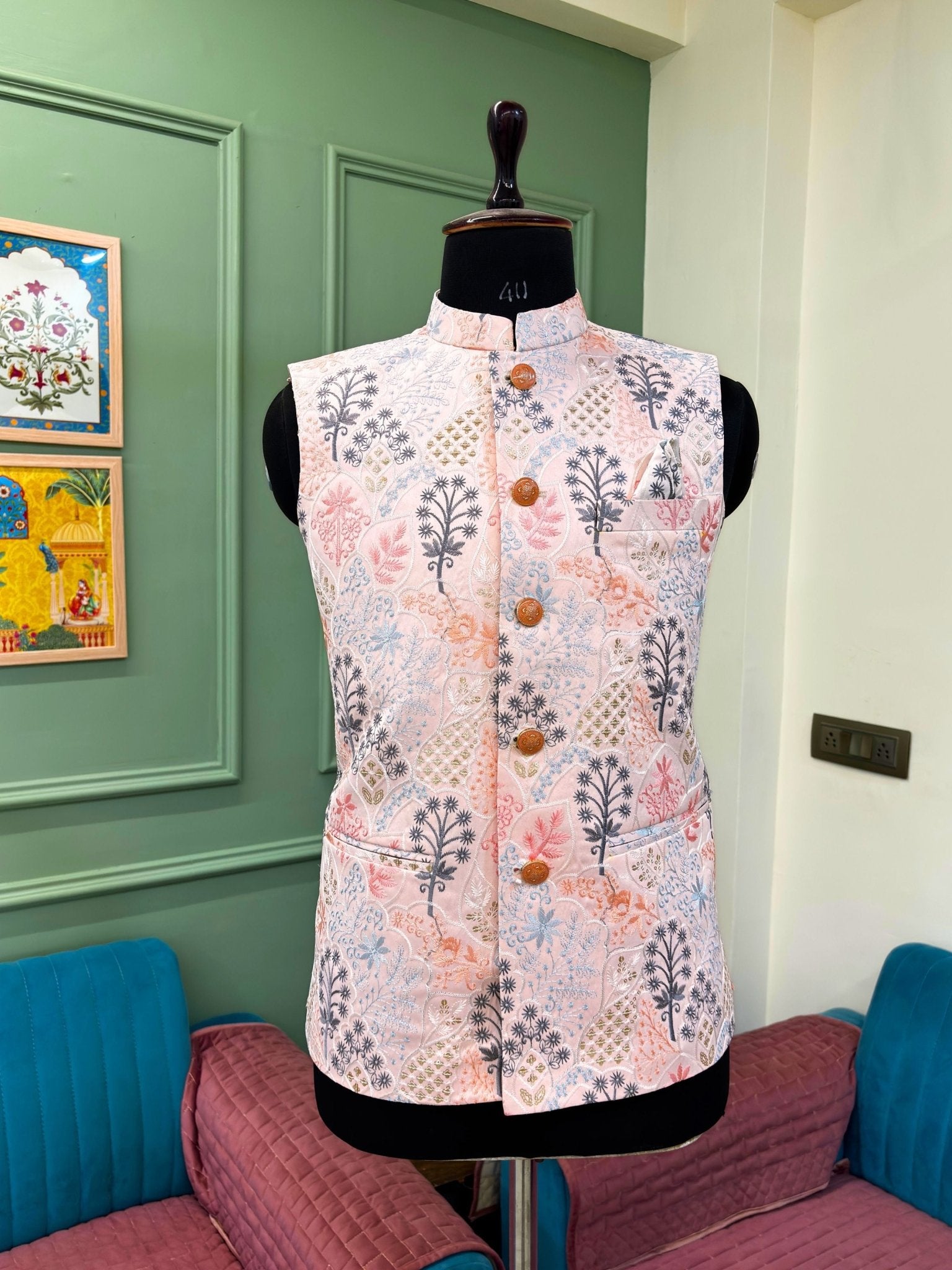 Men Embroidery Nehru Jacket - Peach - Jaipuri Crown