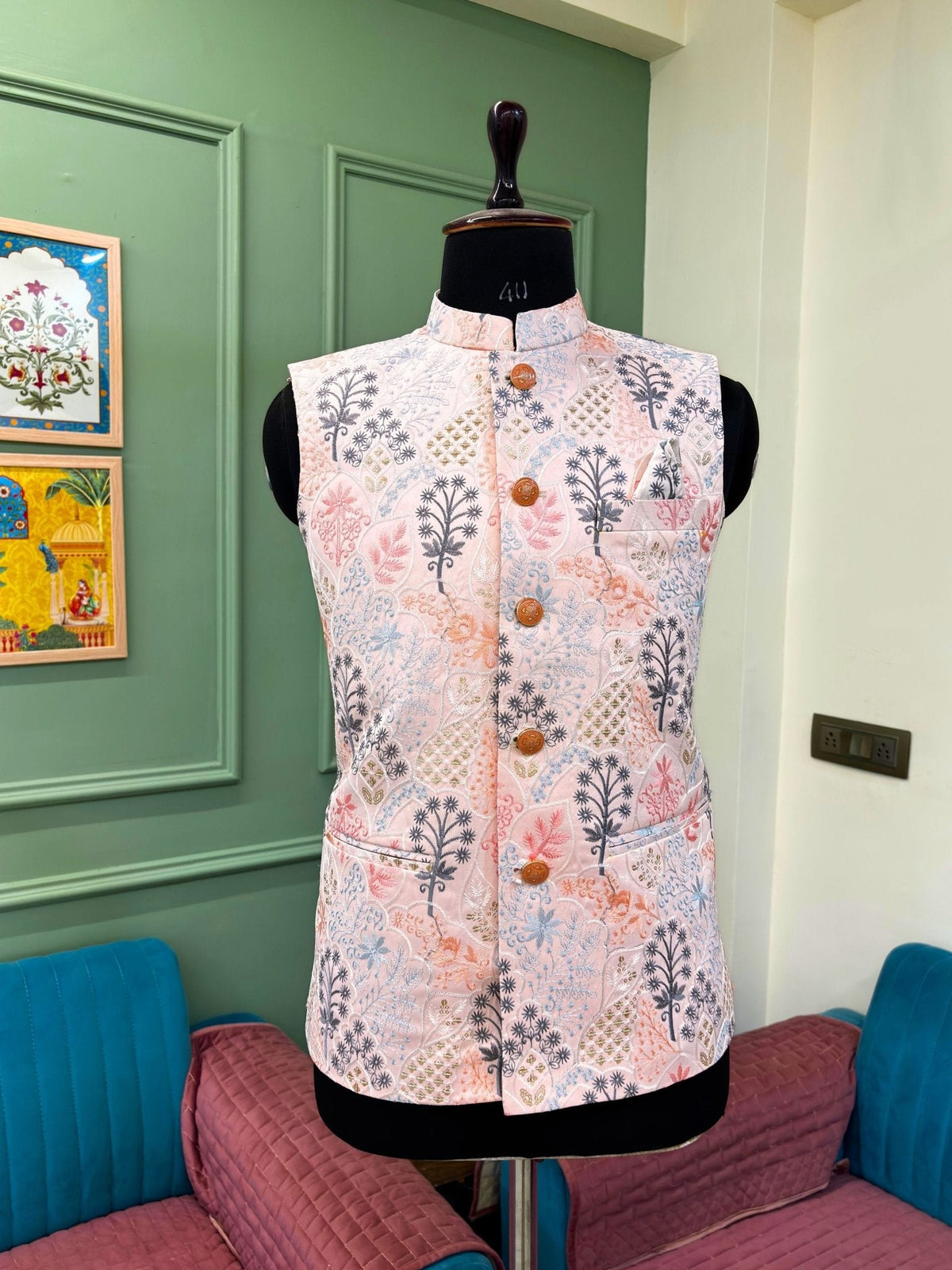 Men Embroidery Nehru Jacket - Peach - Jaipuri Crown