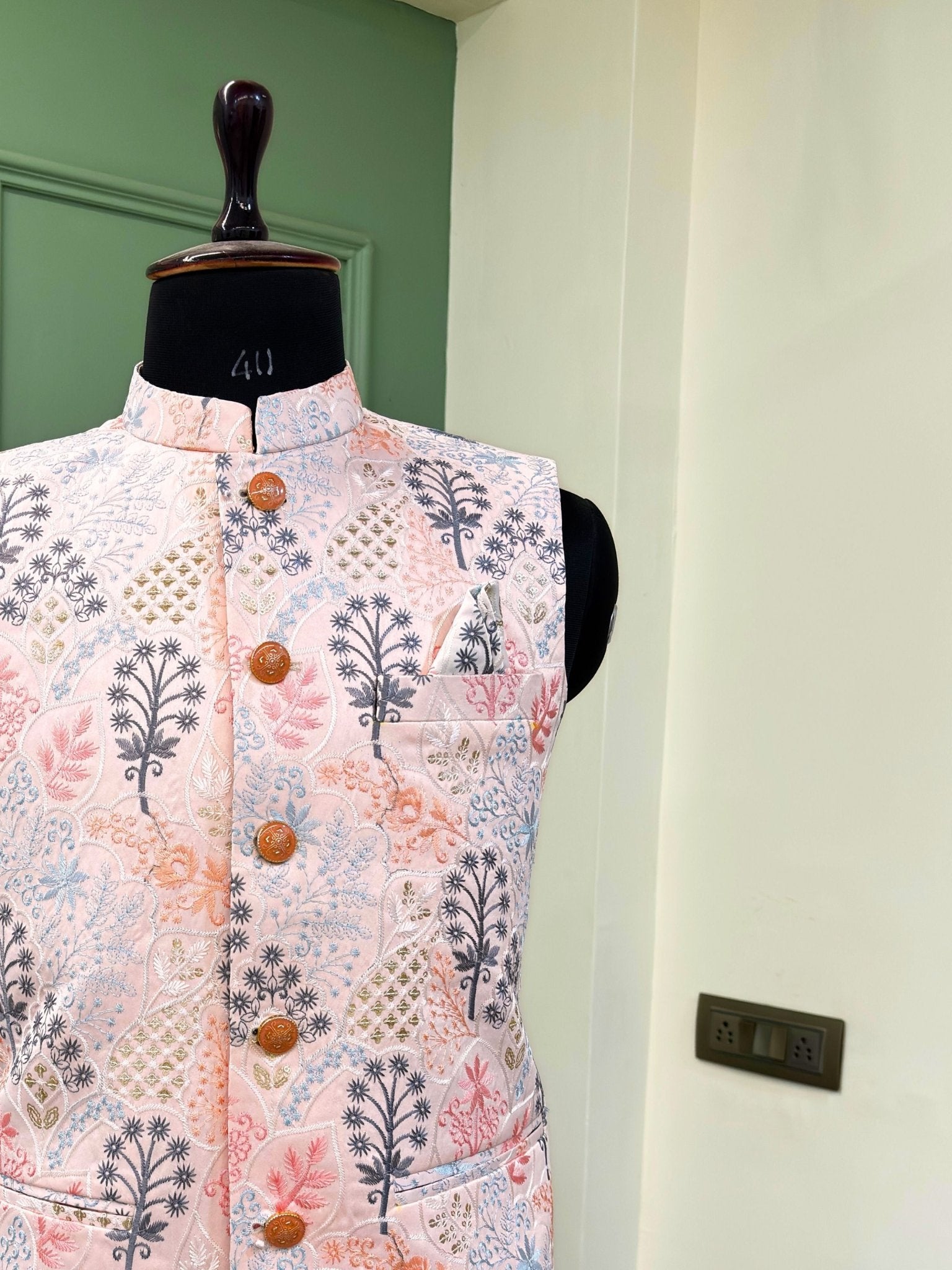 Men Embroidery Nehru Jacket - Peach - Jaipuri Crown