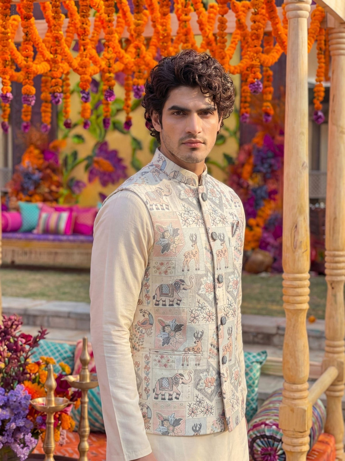 Men Embroidery Nehru Jacket-White - Jaipuri Crown