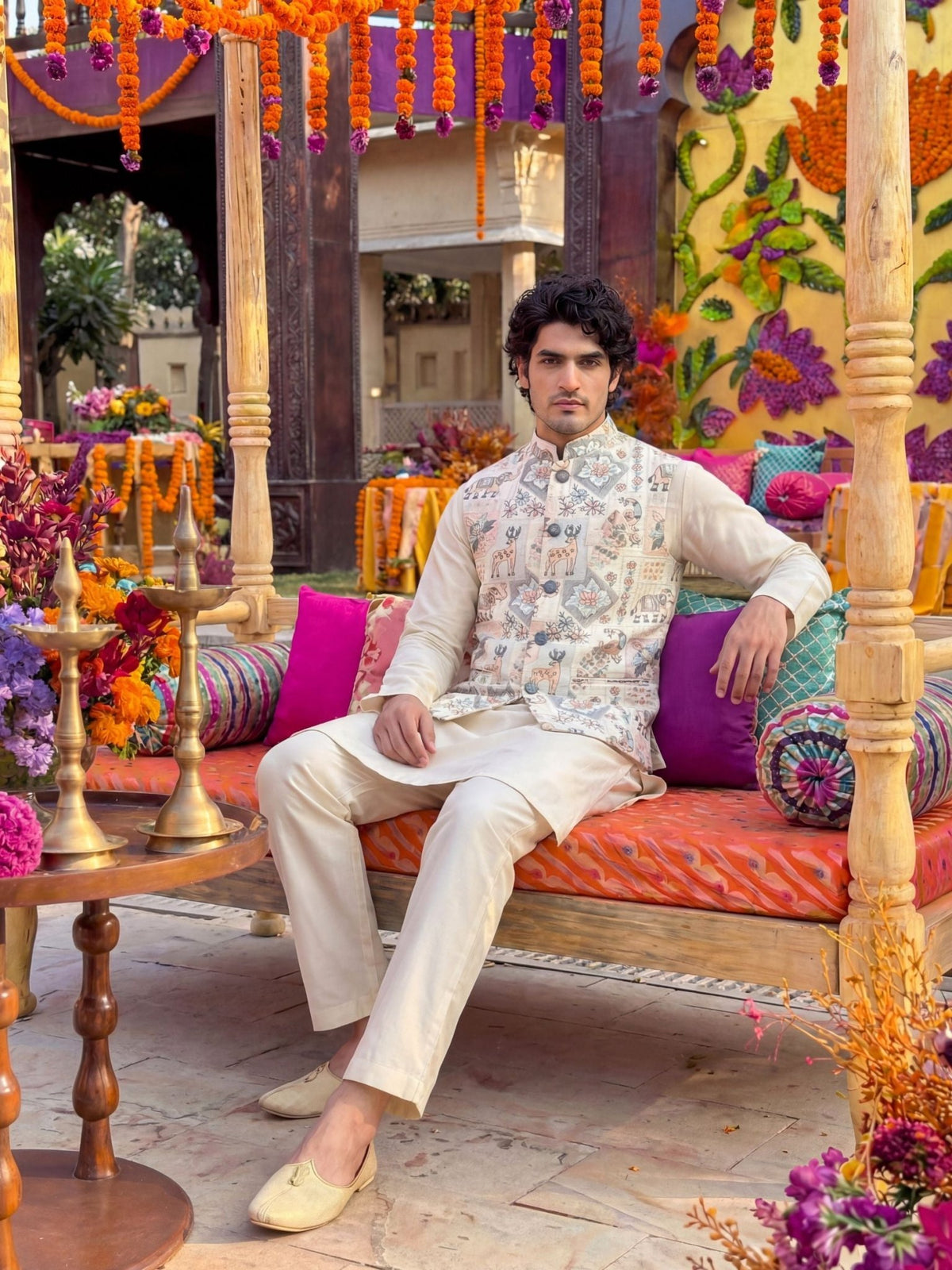 Men Embroidery Nehru Jacket-White - Jaipuri Crown