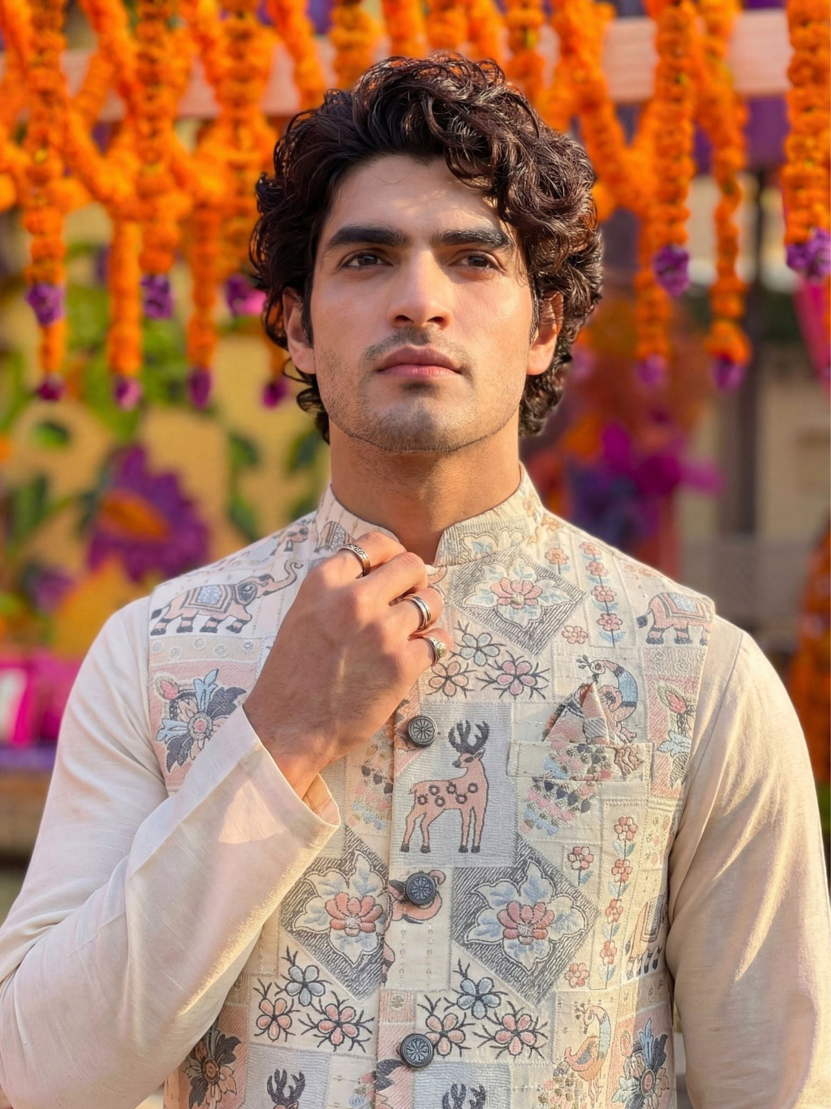 Men Embroidery Nehru Jacket-White - Jaipuri Crown