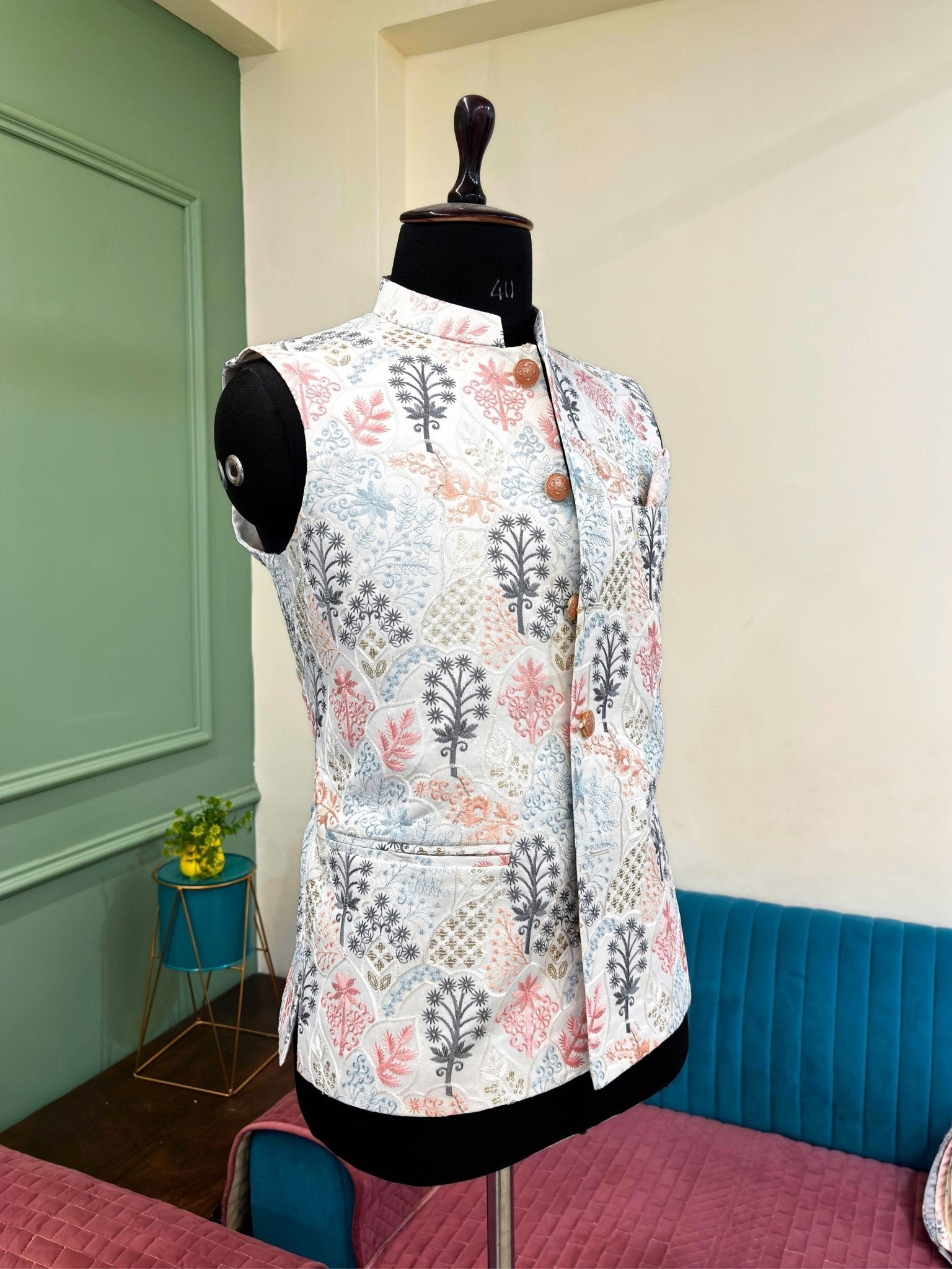 Men Embroidery Nehru Jacket - White - Jaipuri Crown