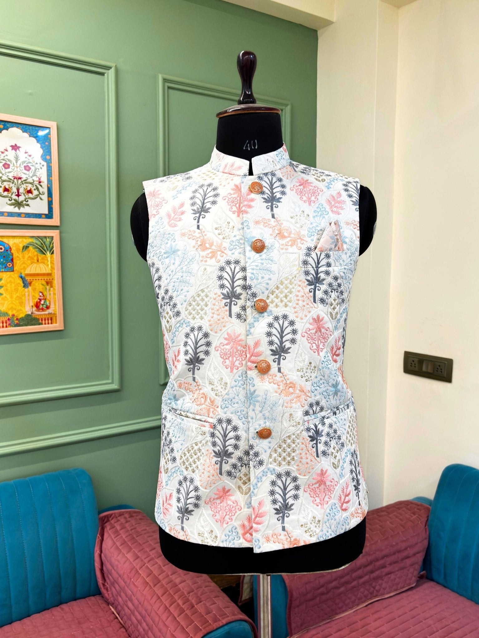 Men Embroidery Nehru Jacket - White - Jaipuri Crown
