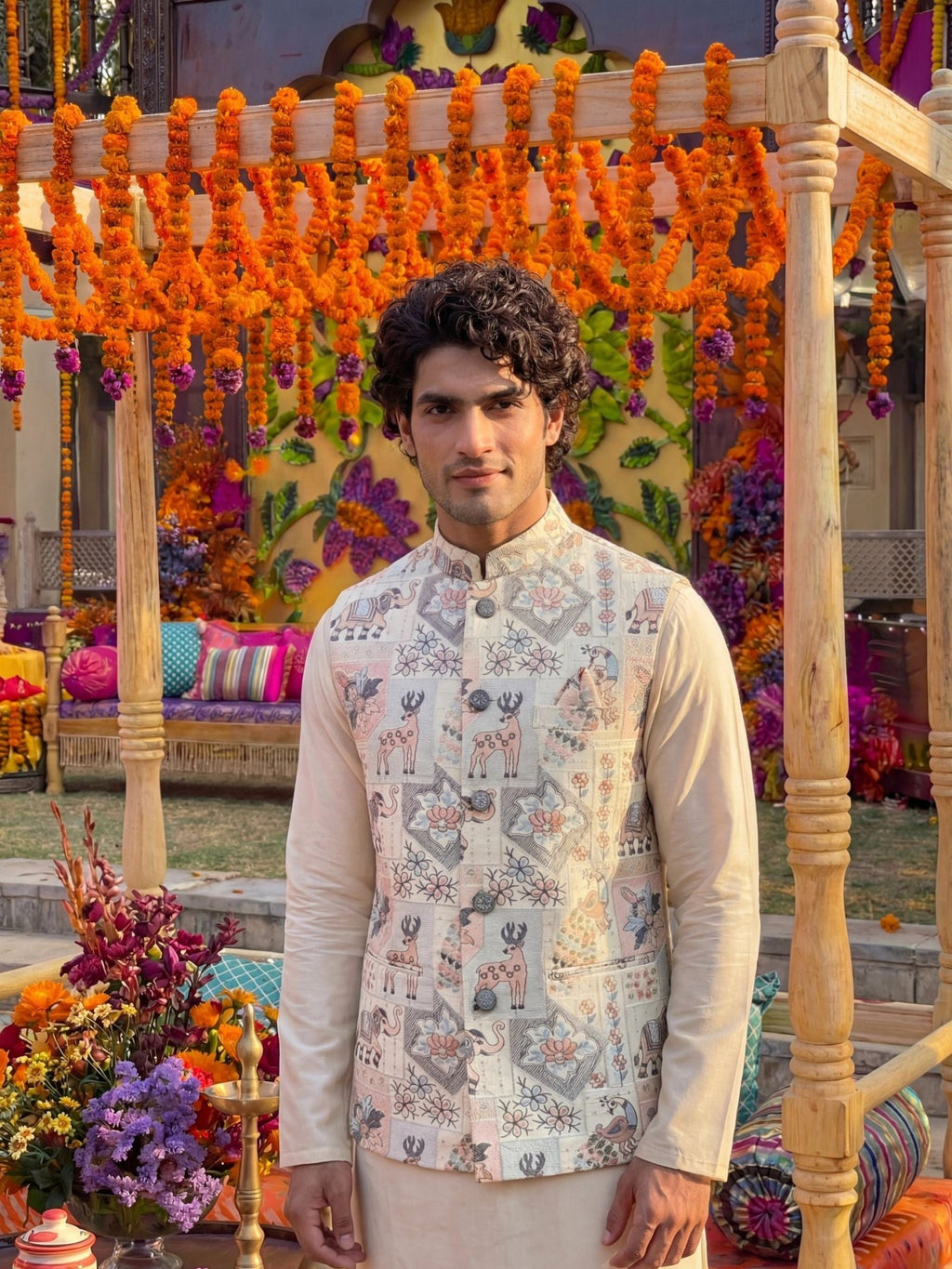 Men Embroidery Nehru Jacket-White - Jaipuri Crown
