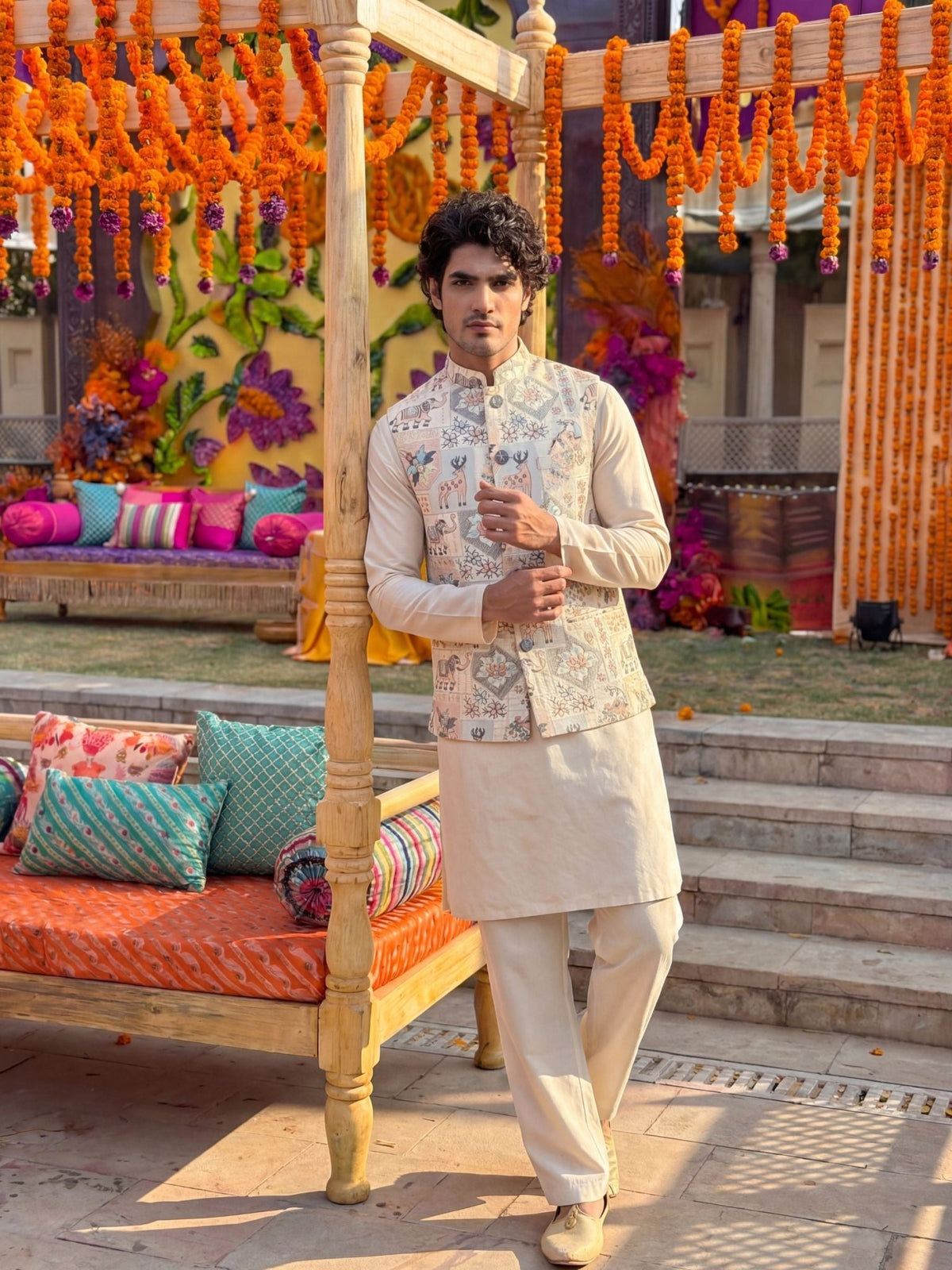 Men Embroidery Nehru Jacket-White - Jaipuri Crown