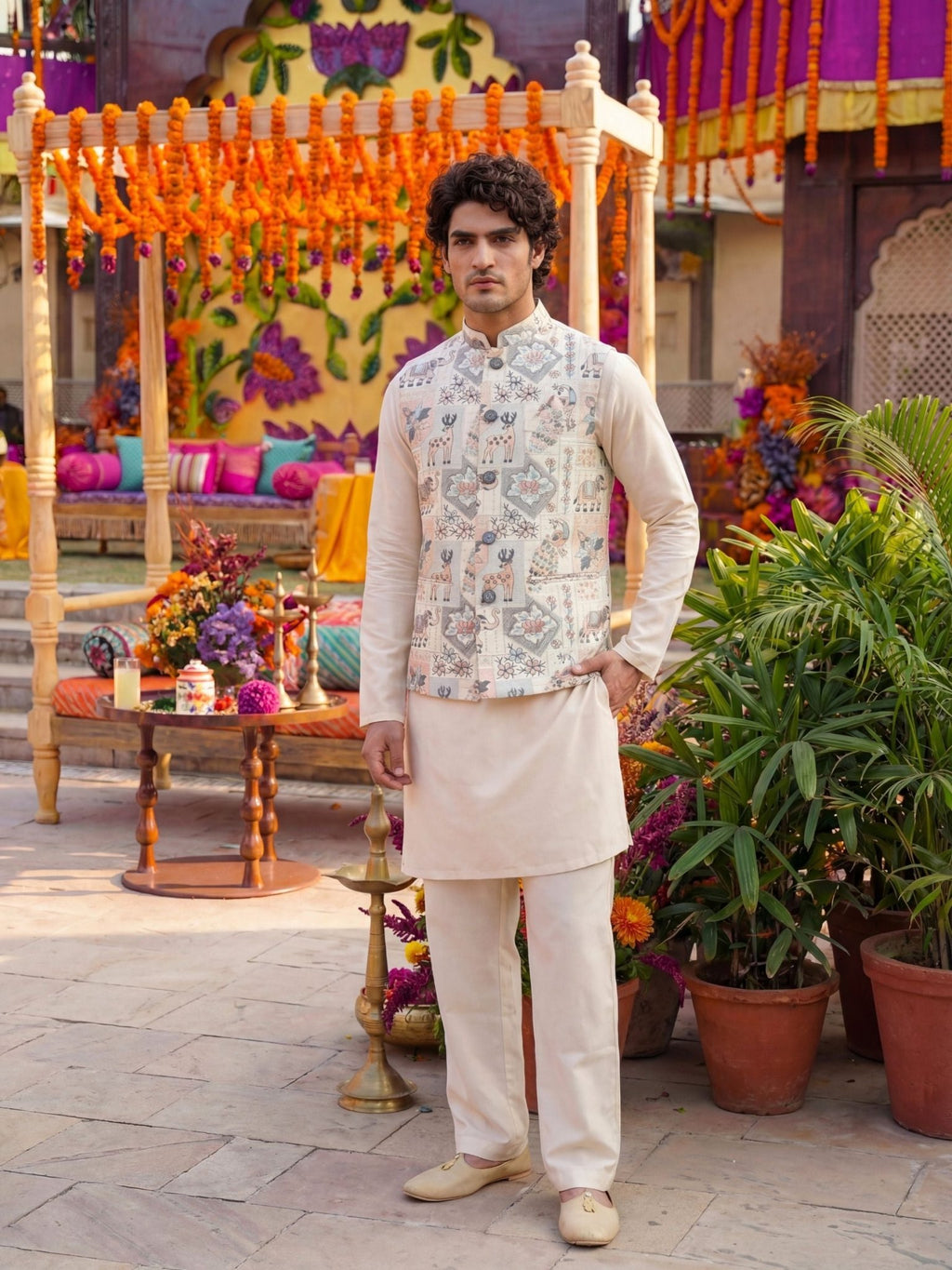 Men Embroidery Nehru Jacket-White - Jaipuri Crown