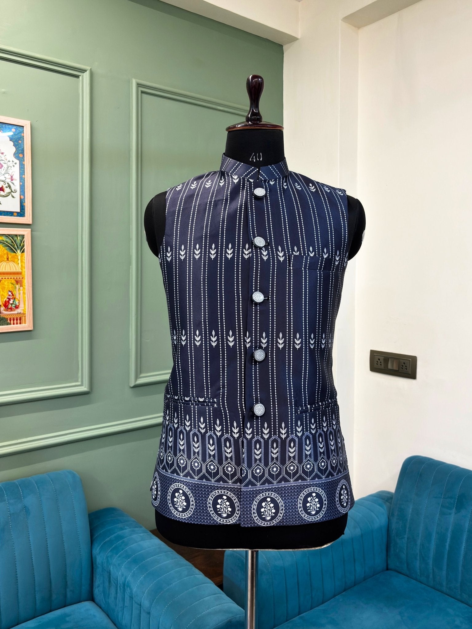 Men Grey Printed Nehru Jacket - Jaipuri Crown