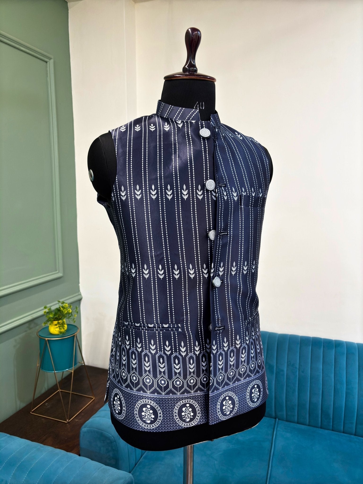Men Grey Printed Nehru Jacket - Jaipuri Crown