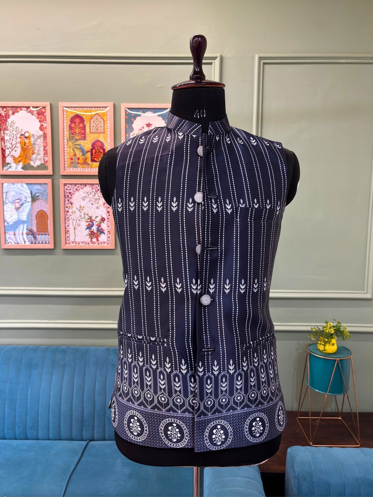 Men Grey Printed Nehru Jacket - Jaipuri Crown