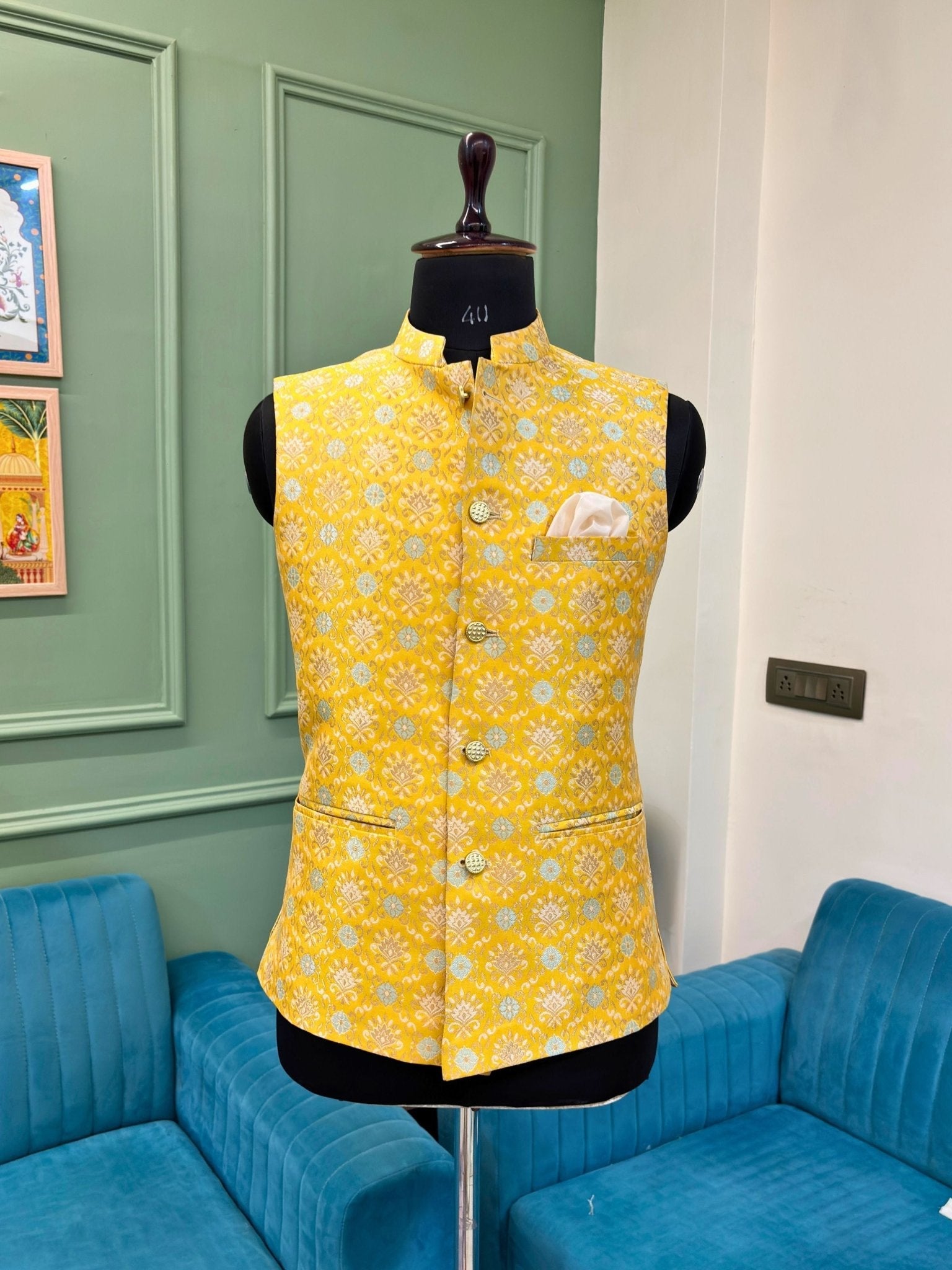 Men Jacquard Work Nehru Jacket - Jaipuri Crown