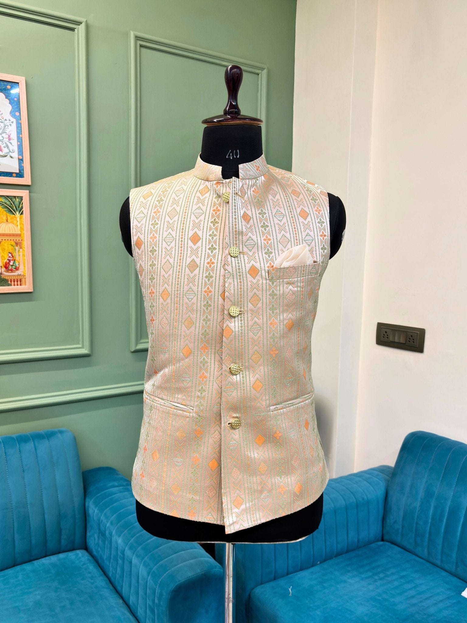 Men Jacquard Work Nehru Jacket - Jaipuri Crown