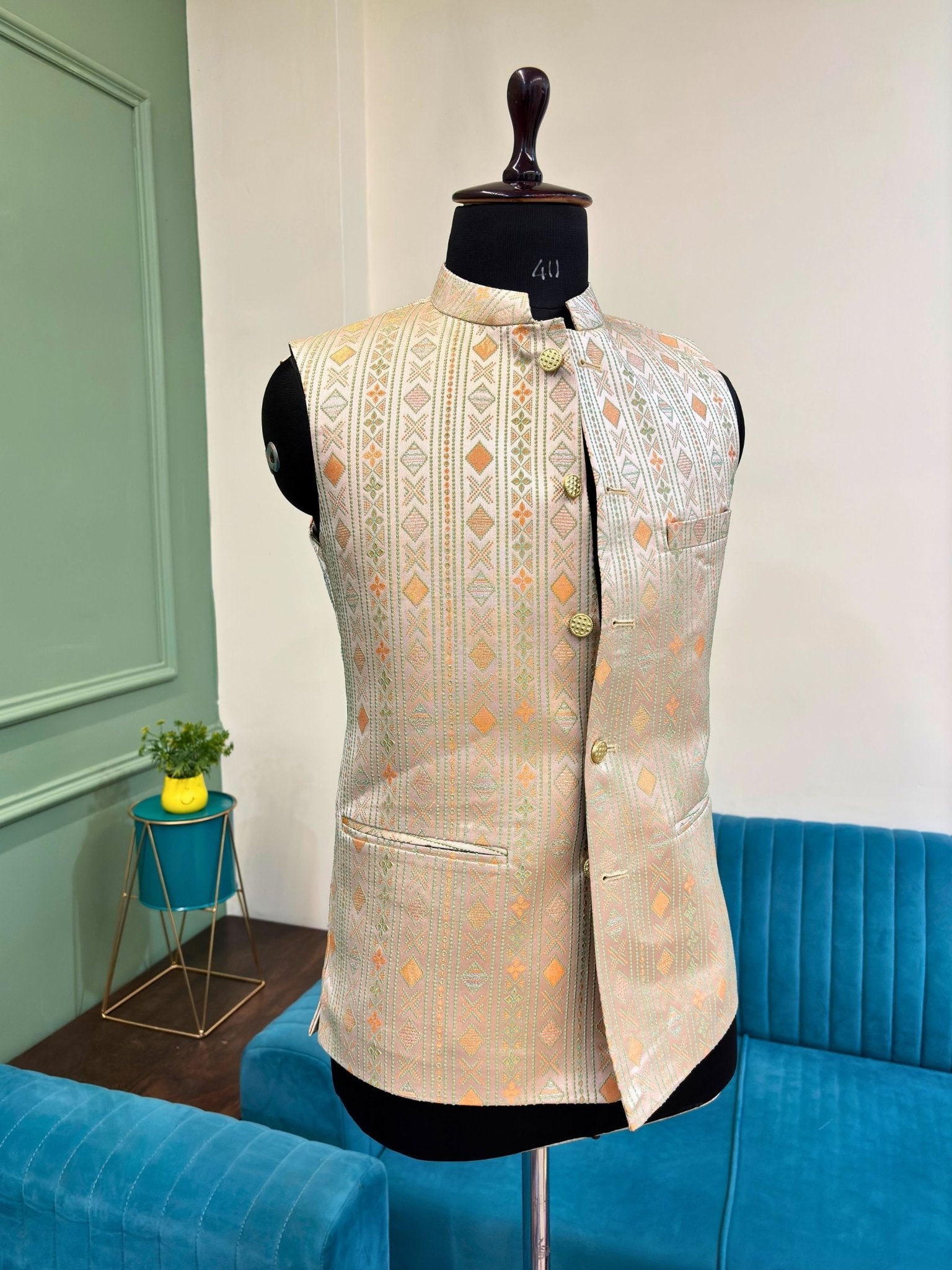 Men Jacquard Work Nehru Jacket - Jaipuri Crown