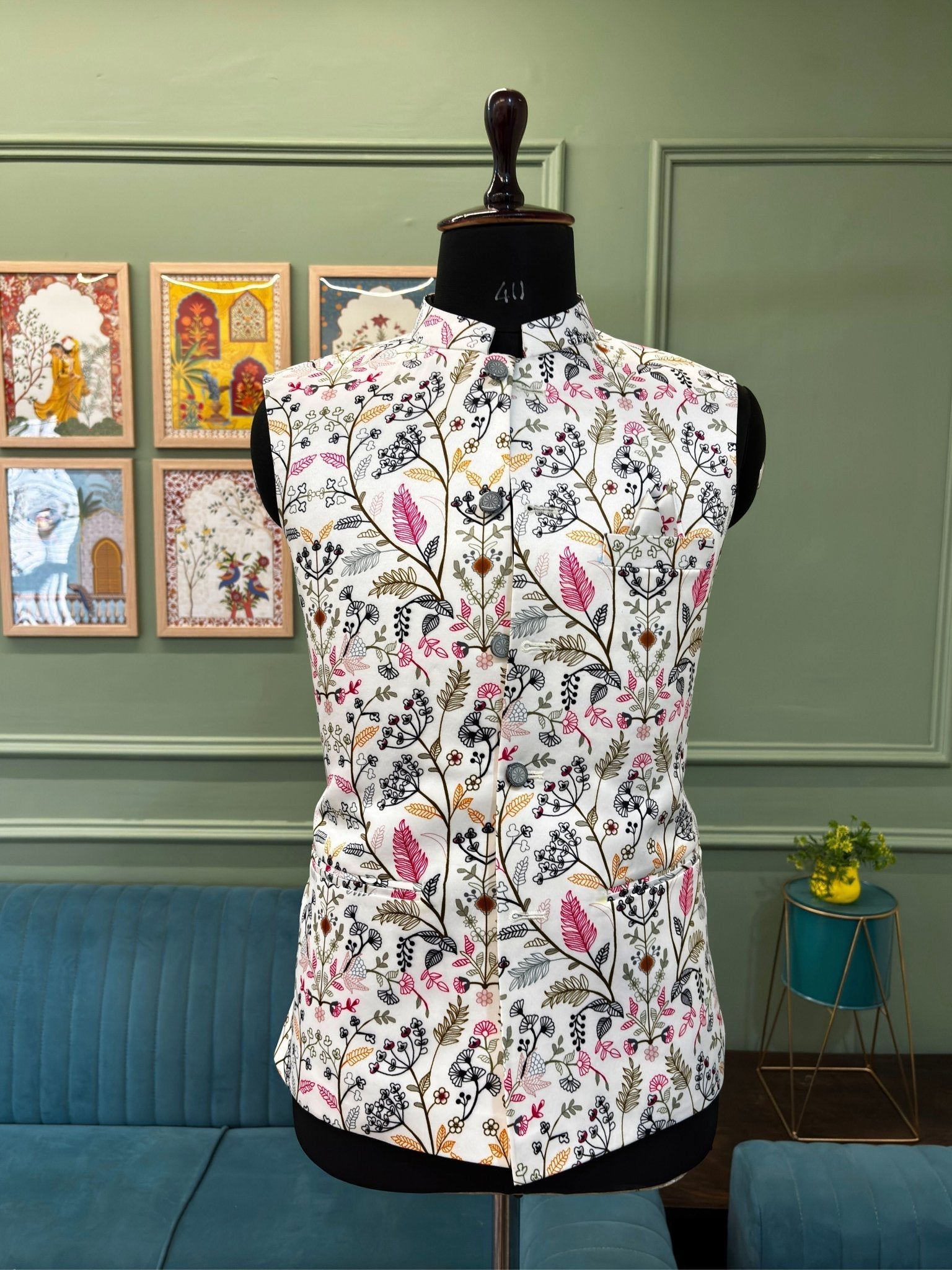 Men Light Grey Printed Nehru Jacket - Jaipuri Crown