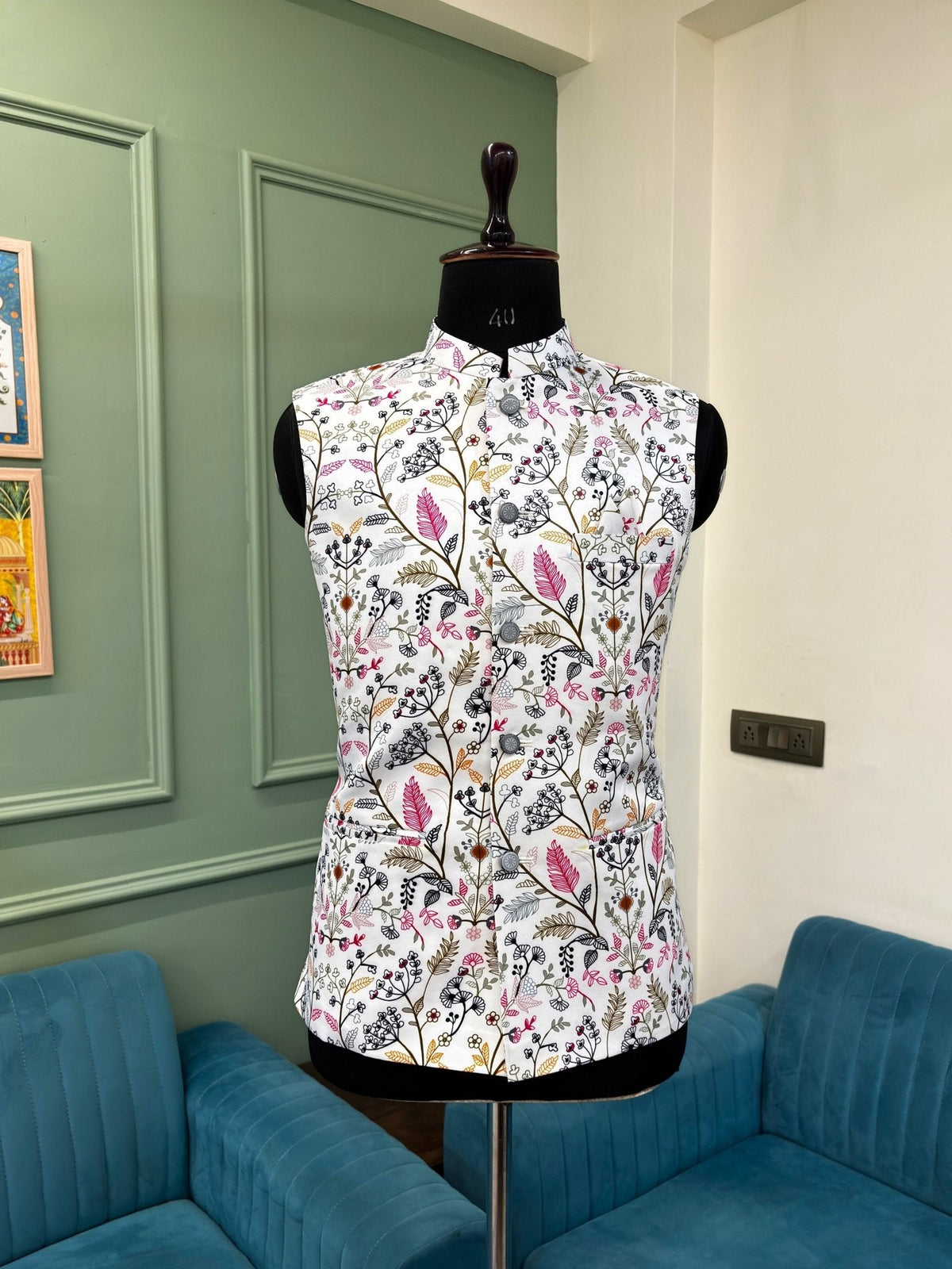 Men Light Grey Printed Nehru Jacket - Jaipuri Crown