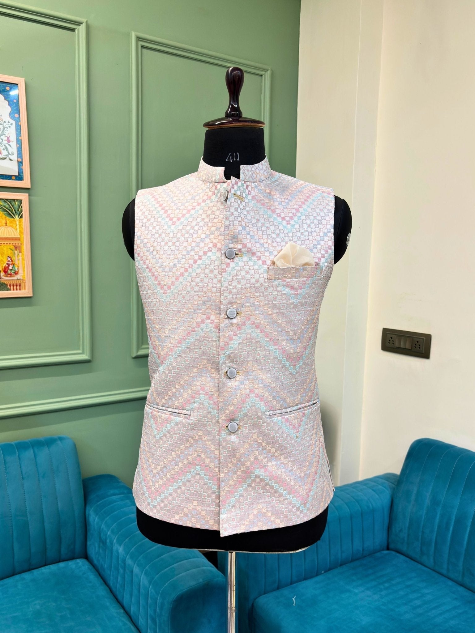 Men Multi Colour Jacquard Nehru Jacket - Jaipuri Crown