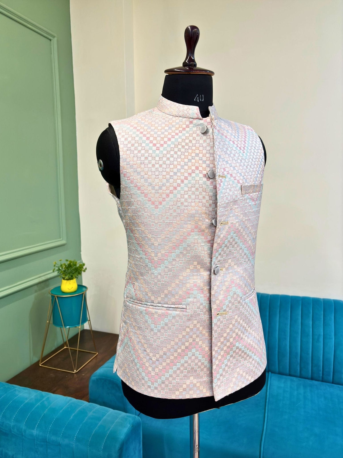 Men Multi Colour Jacquard Nehru Jacket - Jaipuri Crown