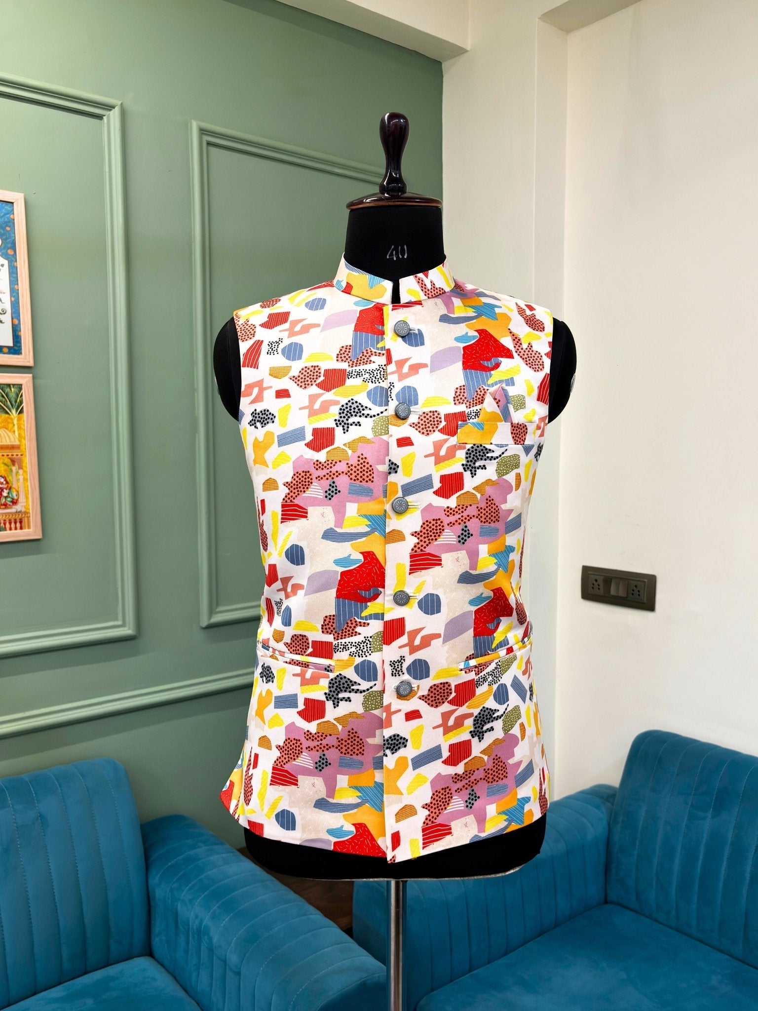 Men Multi - Colour Printed Nehru Jacket - Jaipuri Crown