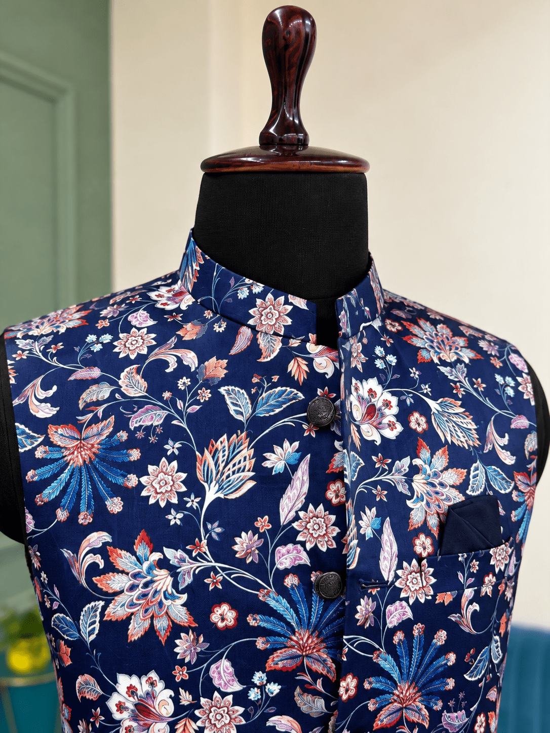 Men Navy Blue Printed Nehru Jacket - Jaipuri Crown