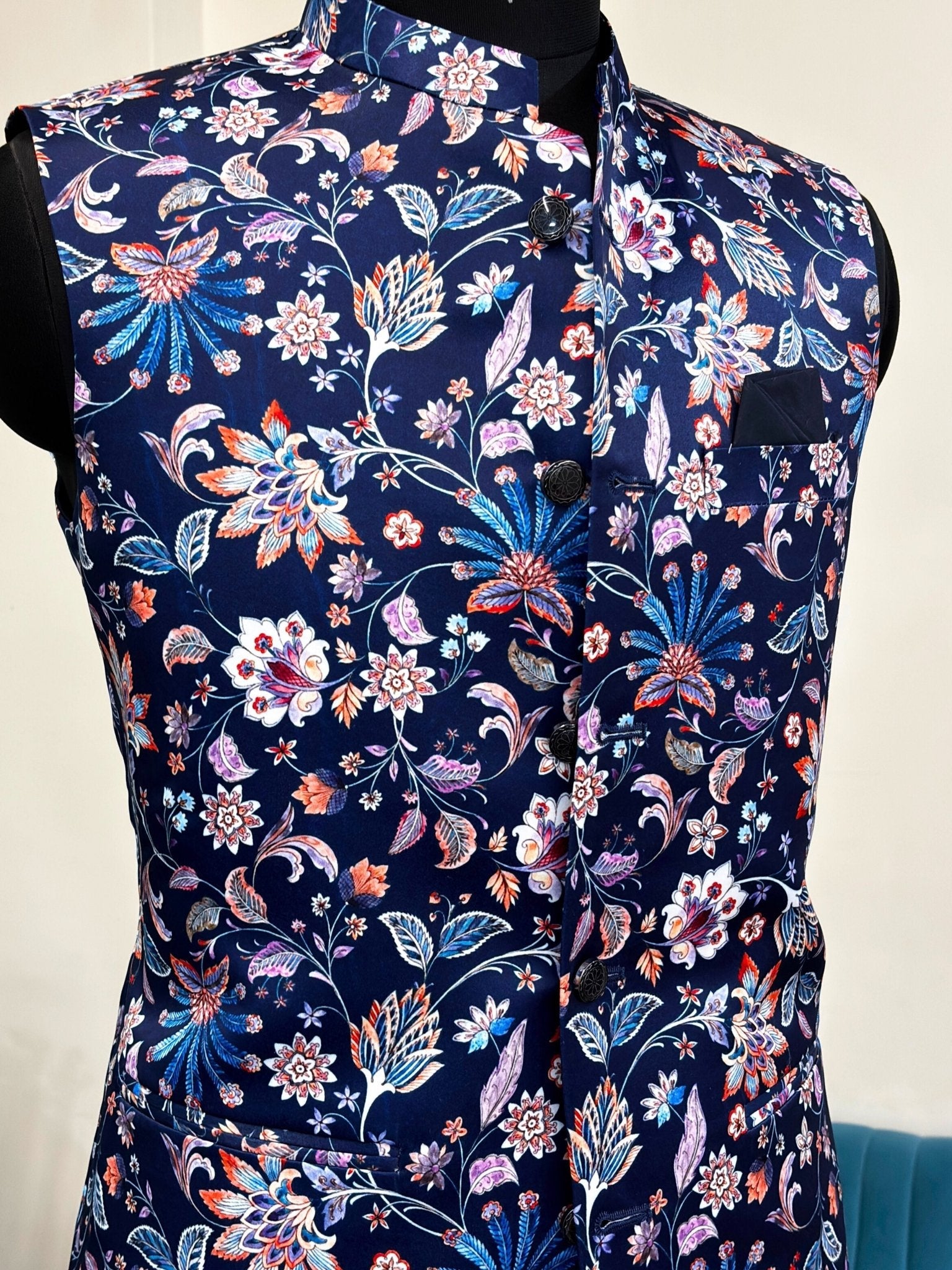 Men Navy Blue Printed Nehru Jacket - Jaipuri Crown