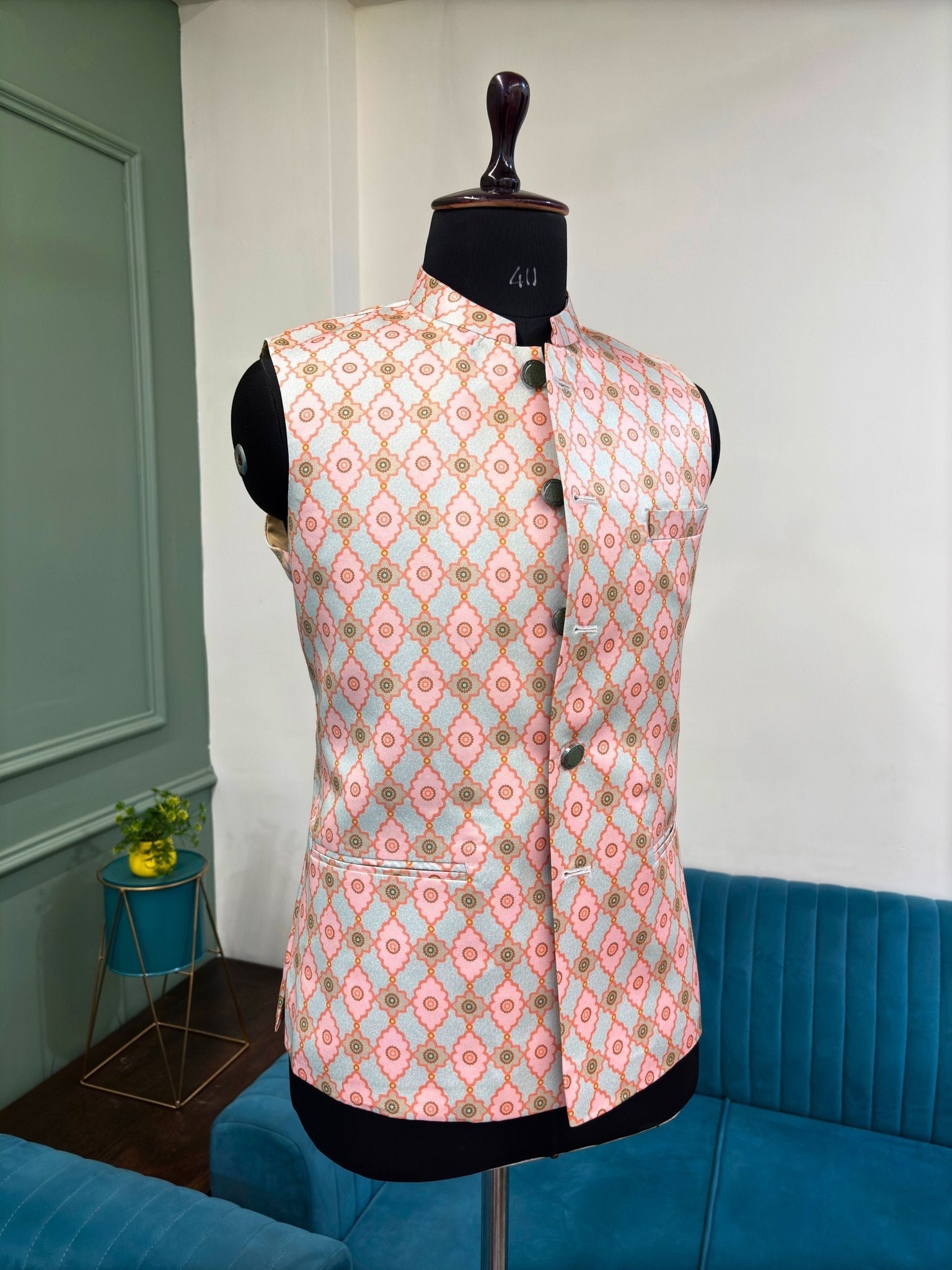 Men Pastel Grey Printed Nehru Jacket - Jaipuri Crown