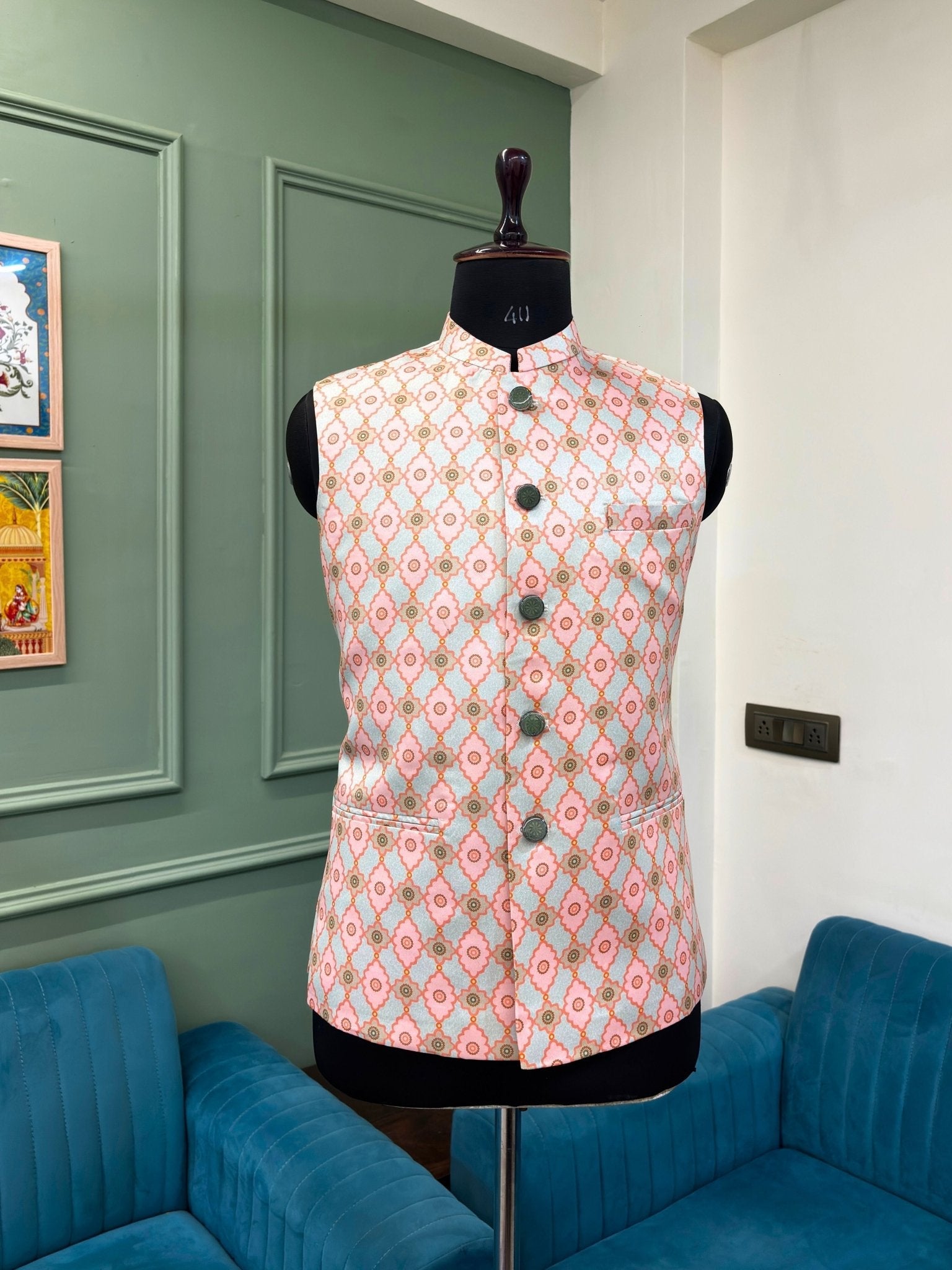 Men Pastel Grey Printed Nehru Jacket - Jaipuri Crown