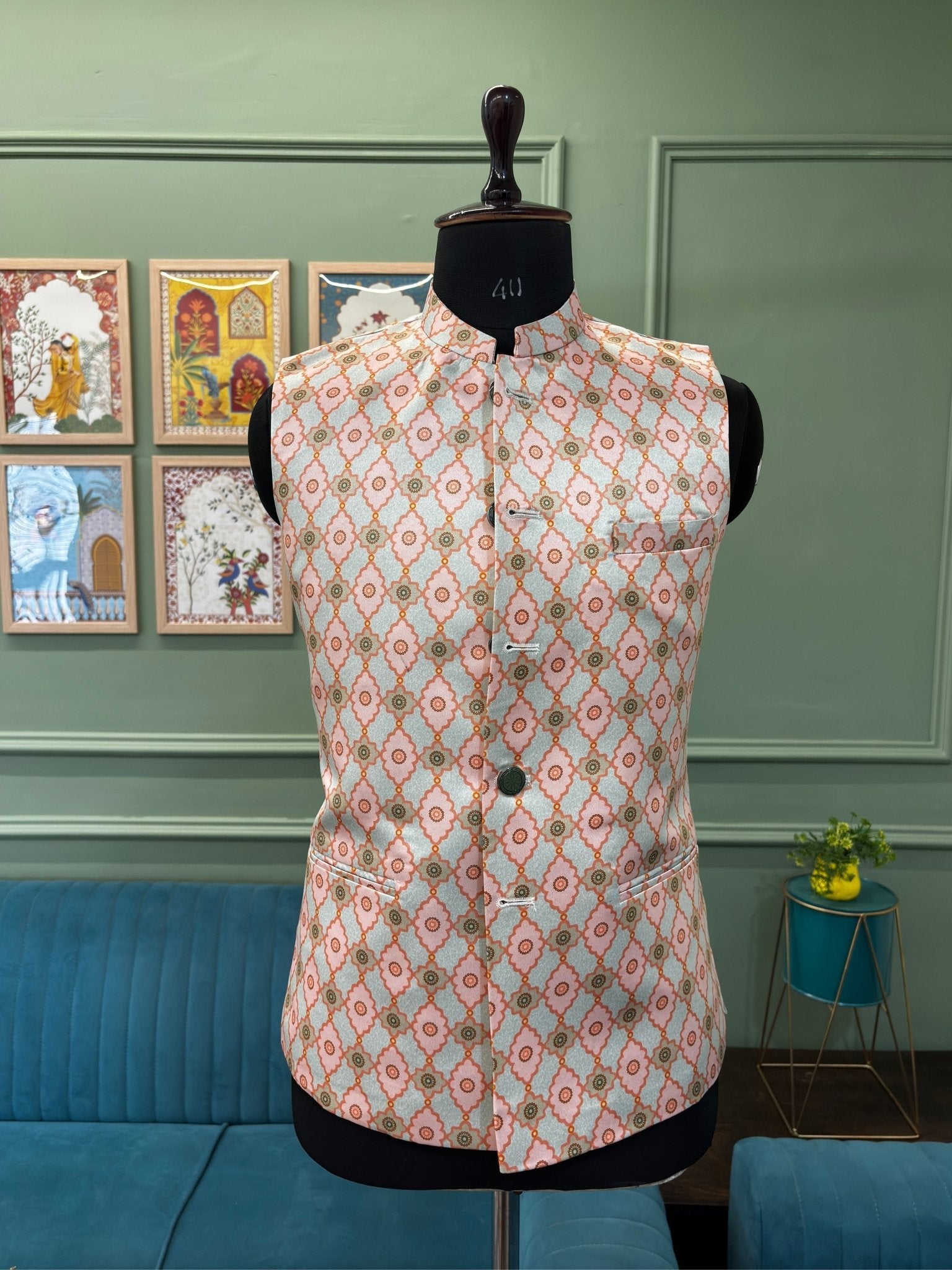 Men Pastel Grey Printed Nehru Jacket - Jaipuri Crown