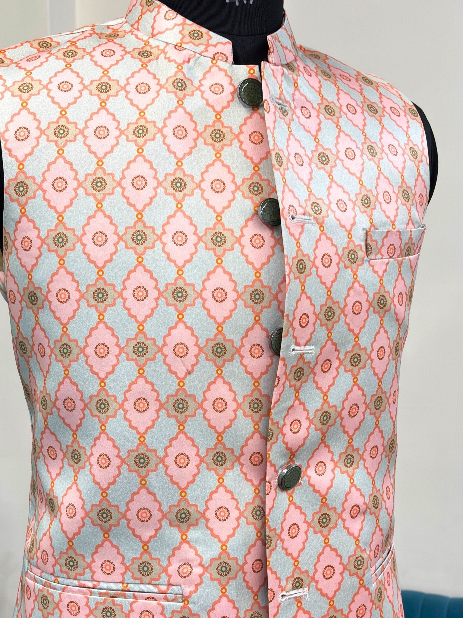 Men Pastel Grey Printed Nehru Jacket - Jaipuri Crown