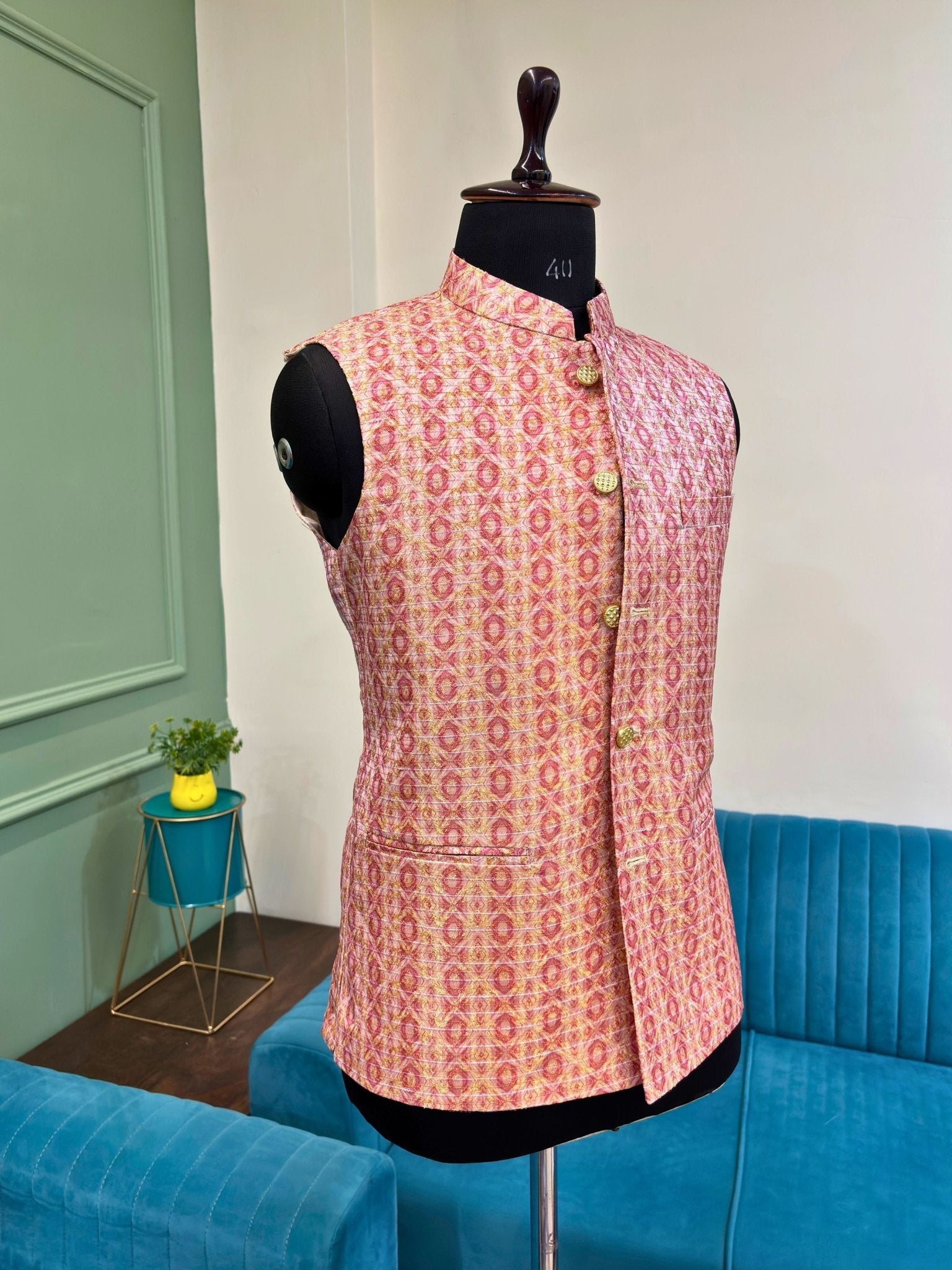Men Pink Designer Nehru Jacket - Jaipuri Crown