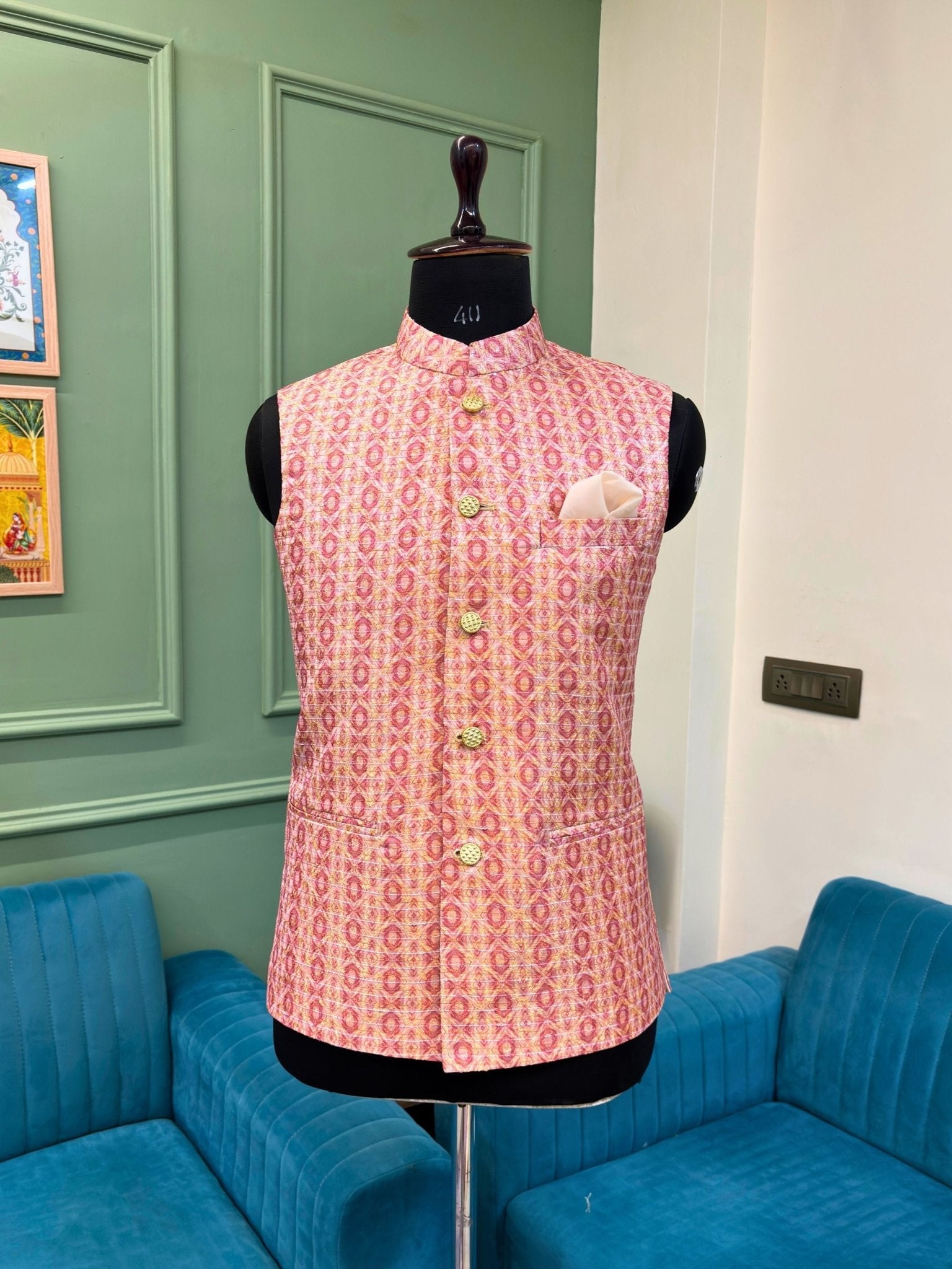 Men Pink Designer Nehru Jacket - Jaipuri Crown
