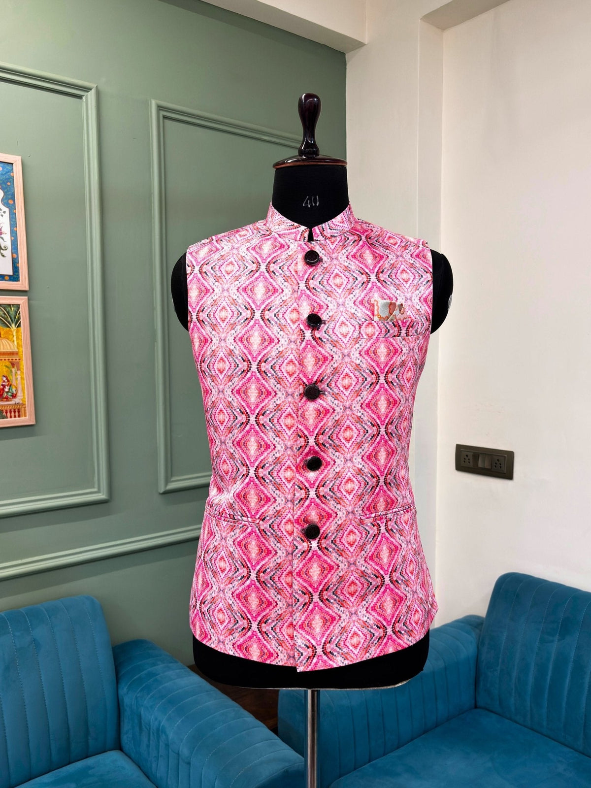 Men Pink Printed Nehru Jacket - Jaipuri Crown
